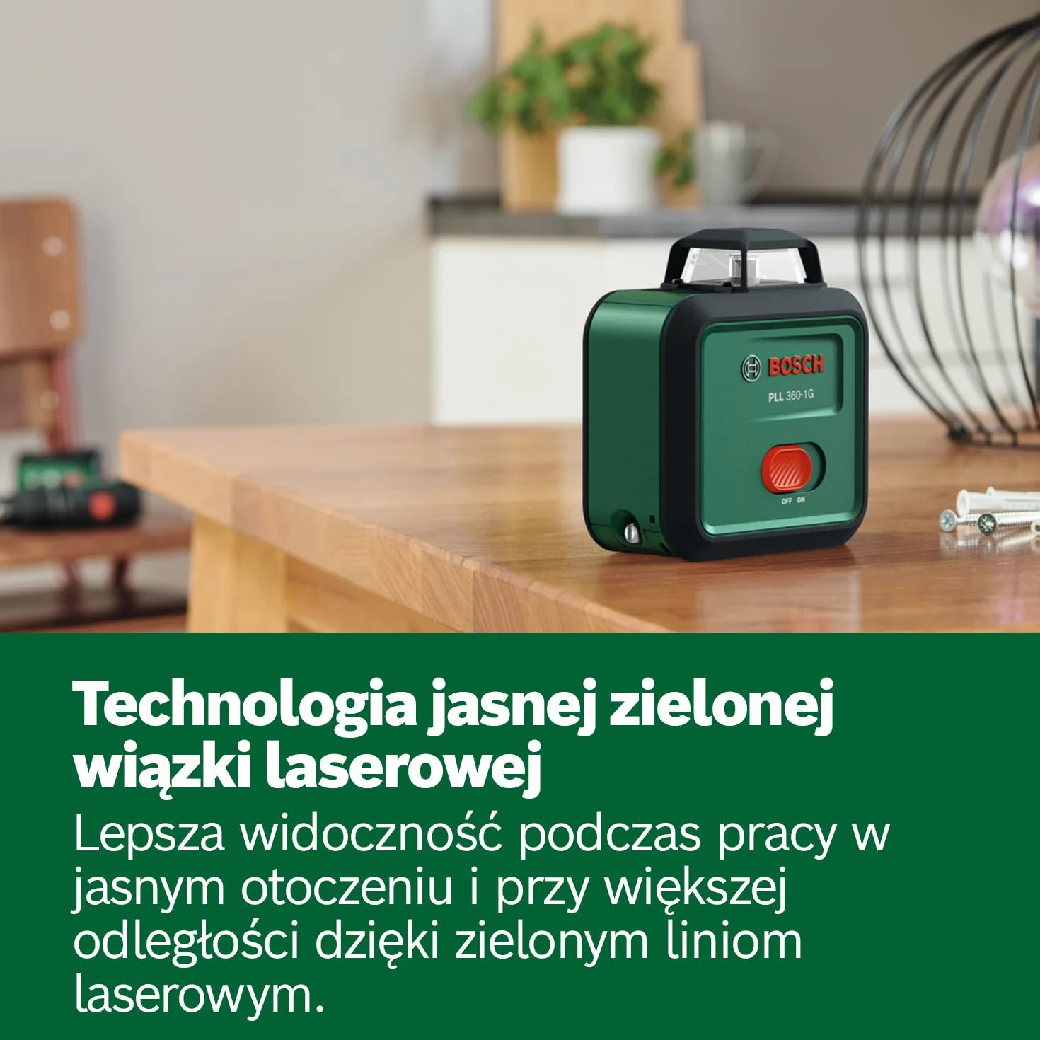 Bosch Laser płaszczyznowy PLL 360-1G (zielona wiązka laserowa 360°, funkcja samopoziomowania, dokładność ±0,4 mm/m, zintegrowany akumulator Li-ion, USB-C®, opakowanie kartonowe E-Commerce)