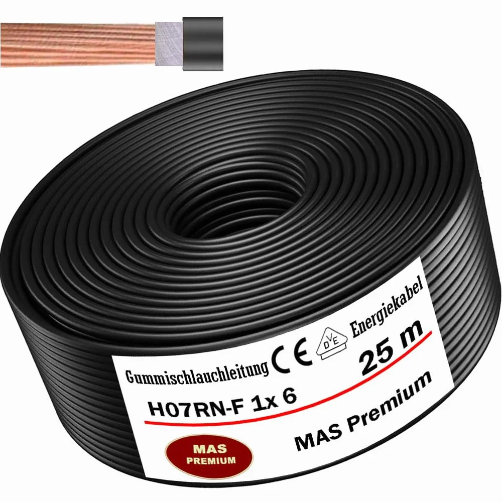 Przewód gumowy od 5 do 100 m, kabel zasilający na plac budowy H07RN-F 1 x 6 mm², elastyczny przewód do ciężkich urządzeń (25 m)