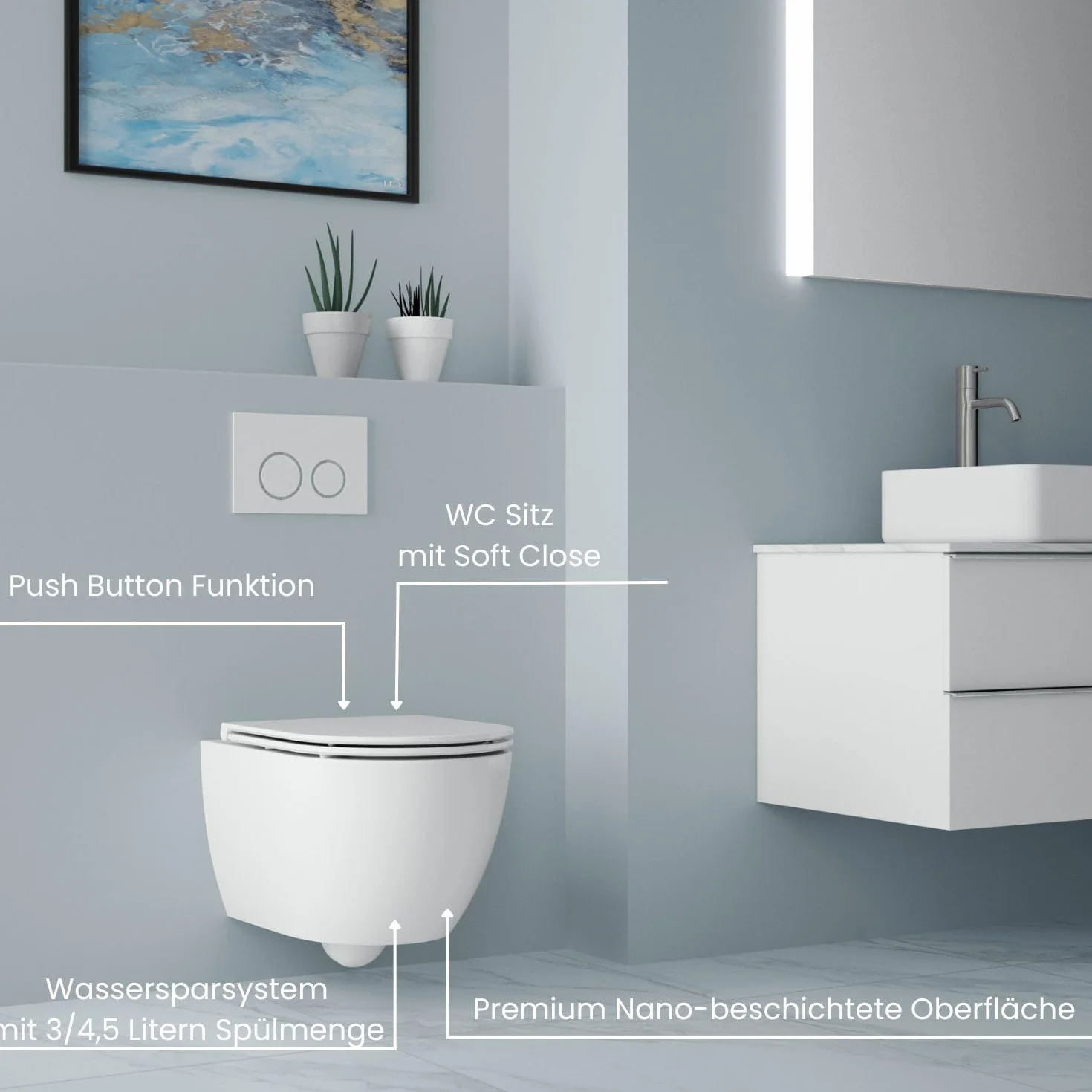Whirlflush Soho 3.0 wisząca muszla klozetowa z połyskiem, bez krawędzi dla higieny i łatwego czyszczenia, spłukiwanie tornado, deska sedesowa z duroplastu Super Slim SoftClose