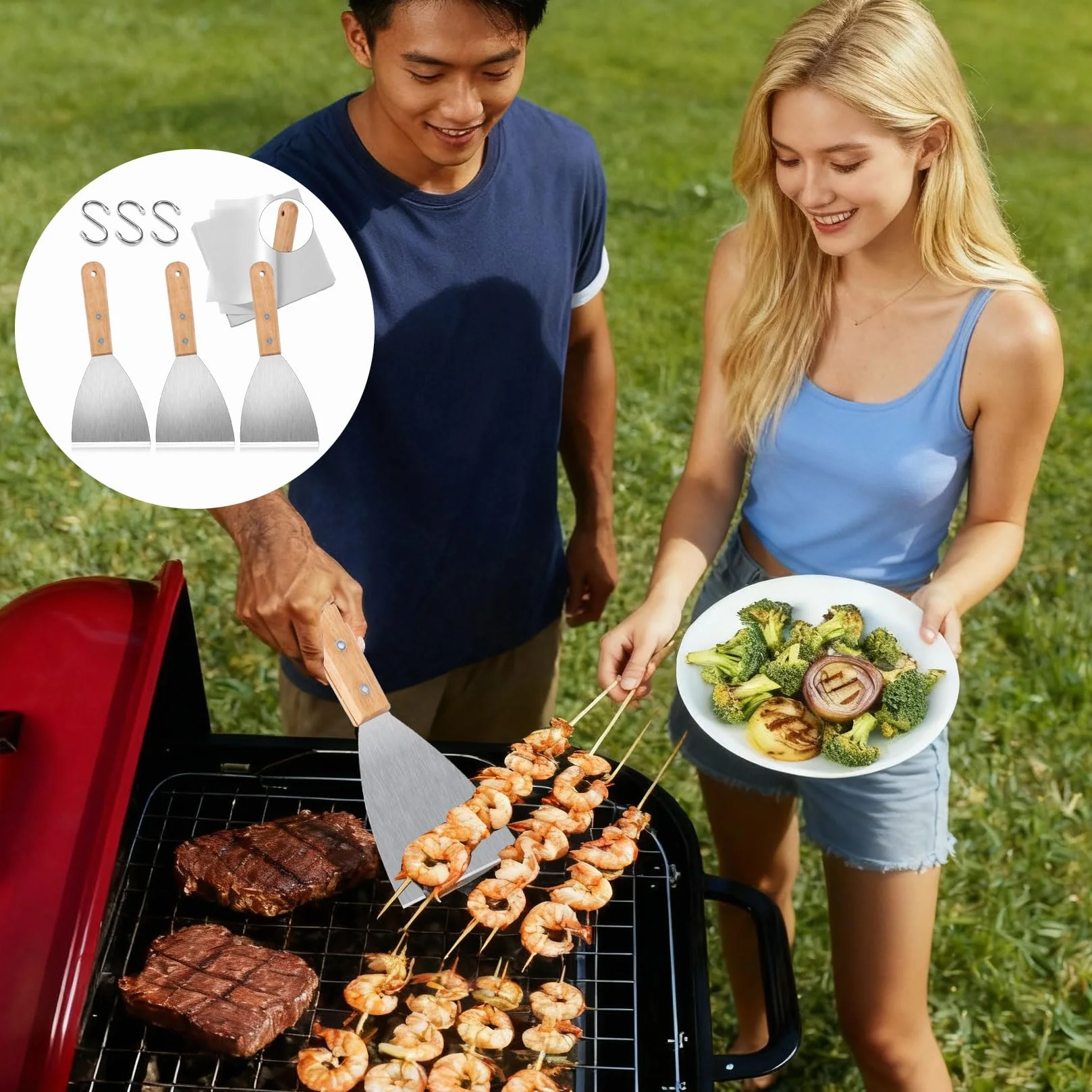 Zestaw spachtel z nierdzewnej stali do grilla BBQ, drewniany uchwyt do burgerów