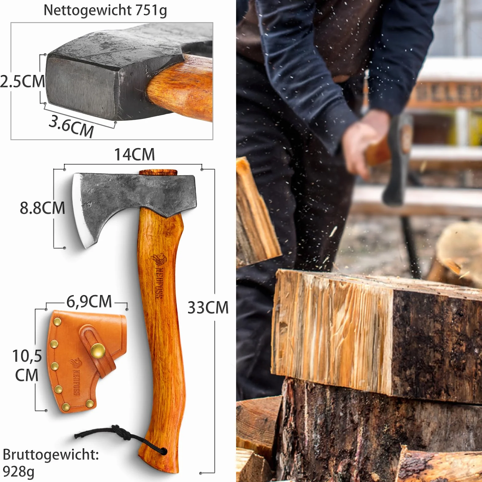 NedFoss Hippo Siekiera do rozłupywania drewna 780 g stal węglowa 33 cm Bushcraft