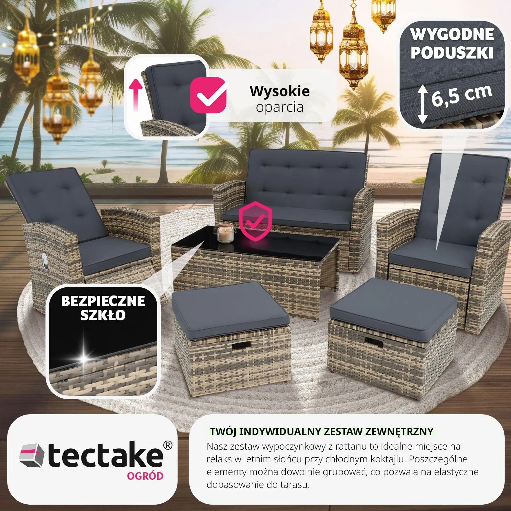 tectake® Zestaw Mebli Ogrodowych Bari, 6-osobowy, Wysokiej Jakości Technorattan UV, Aluminiowa Rama, Regulowane Oparcia, Stolik ze Szkłem Bezpiecznym (Naturalny)
