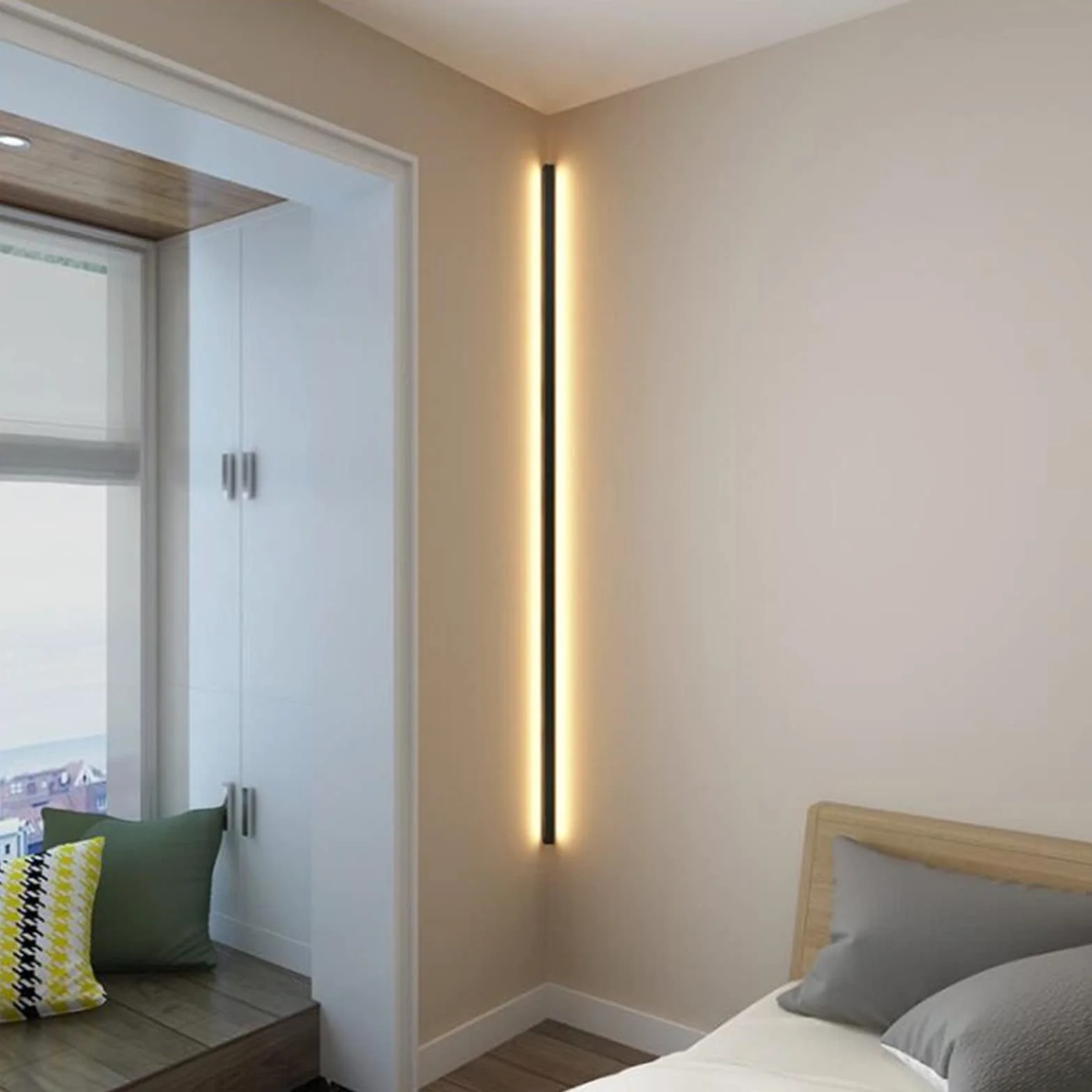 Kinkiet narożny z wtyczką Nowoczesne wnętrze LED Długa taśma w tle Dekoracyjna lampa ścienna z przewodem zasilającym 1,2 m i przełącznikiem Aluminiowa prosta lampa kinkietowa Czarna 3000K do sypialni
