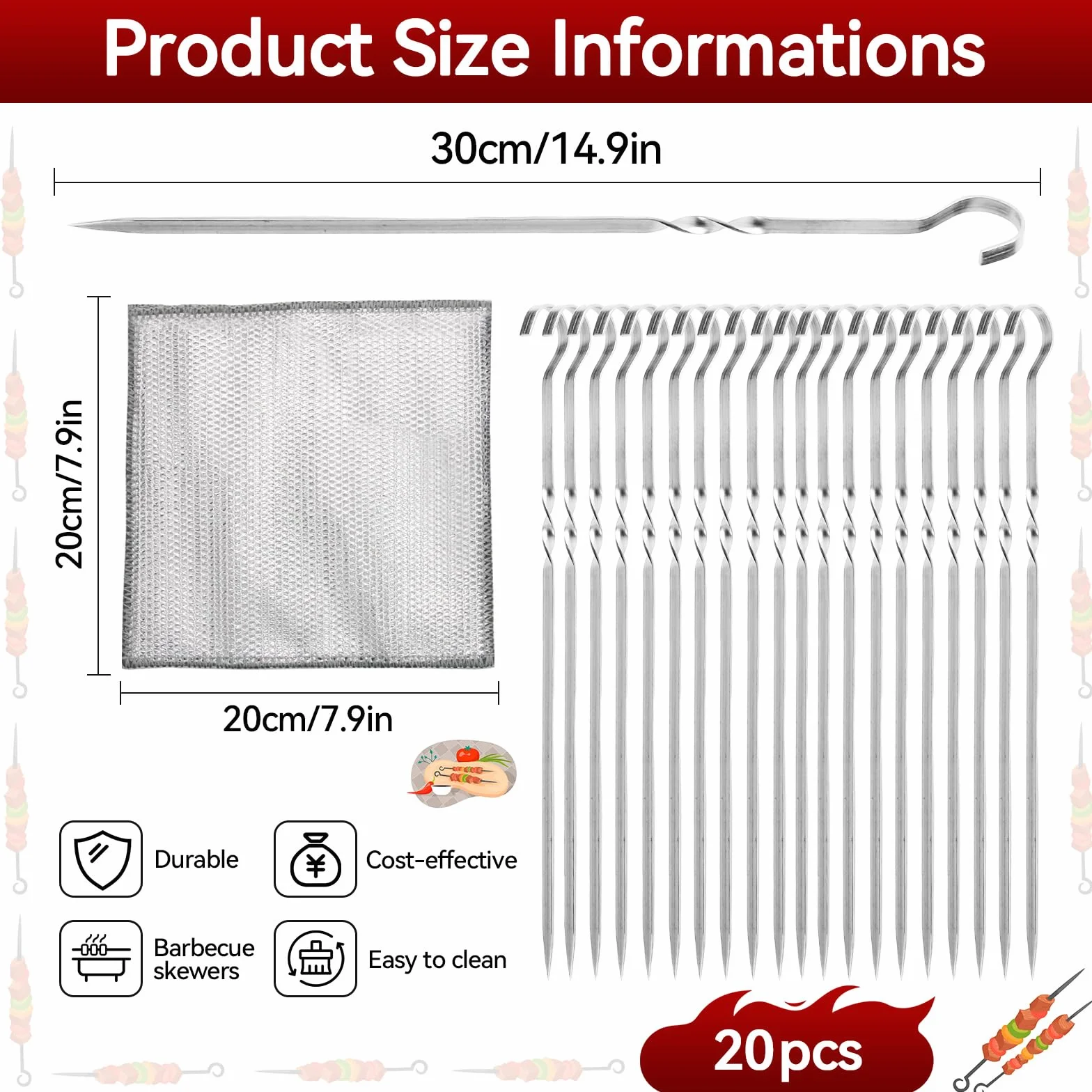 Szpikulce do grilla ze stali nierdzewnej 28 cm, szaszłyki do mięsa