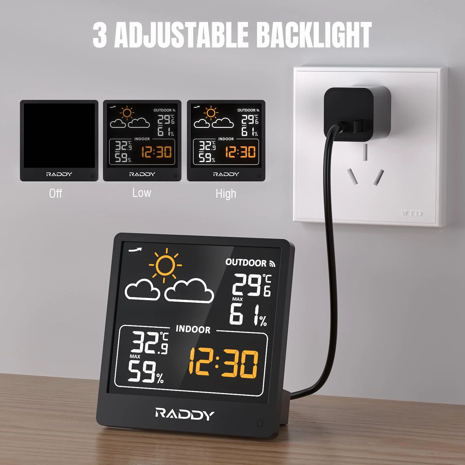 Raddy WF-50V bezprzewodowa stacja pogodowa z czujnikiem zdalnym, termometr wewnętrzny/zewnętrzny, VA 5,0" wyświetlacz USB-C, czarny