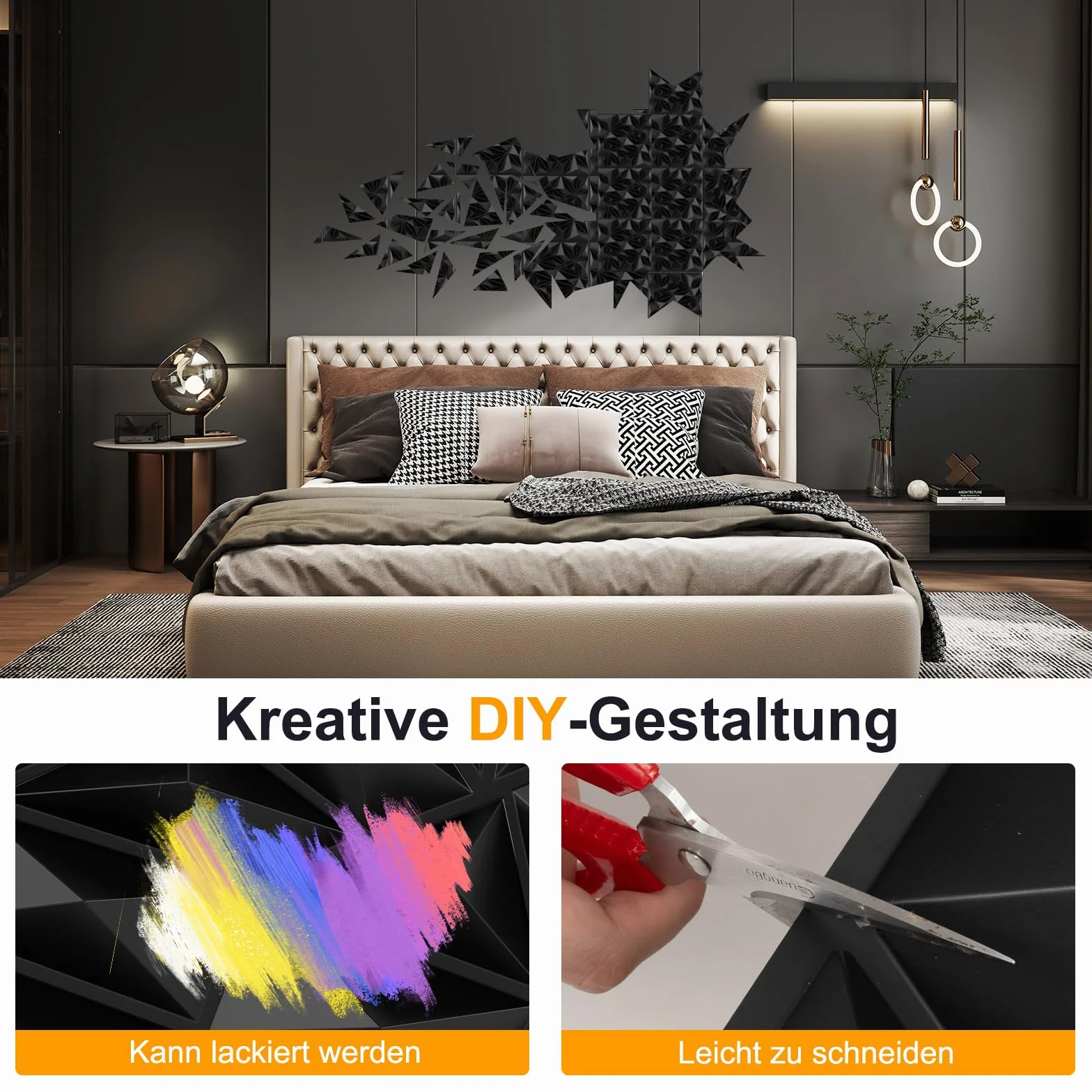 COSTWAY 40 sztuk paneli ściennych 3D, diamentowe, 50 x 50 cm, okładzina ścienna do wnętrz, płyty ścienne, panele sufitowe, PCW, 10 m², do salonu, sypialni (czarne)