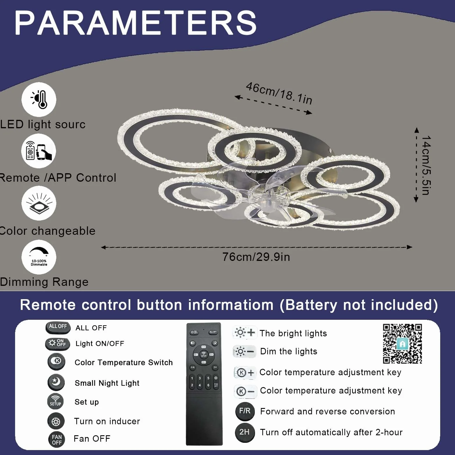Lampa Sufitowa LED z Wentylatorem 29,9in Przyciemnianie Pilot Cichy 6-biegowy Odwracalny Biały