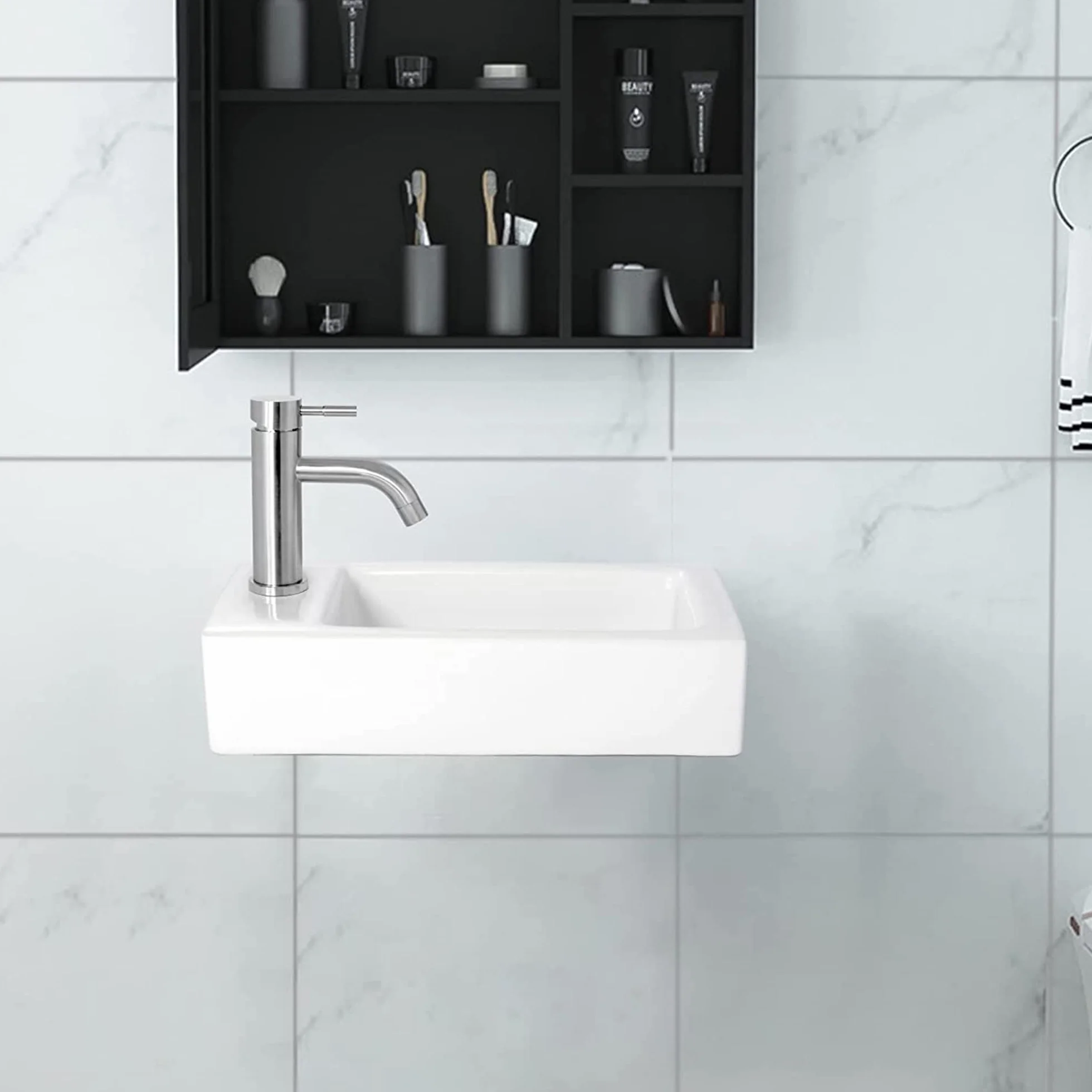 Umywalka nasadowa, mała umywalka wisząca lub nablatowa, WC dla gości, biała, 370 x 185 x 90 mm, wysoka armatura nablatowa, mała mini umywalka ręczna lewa
