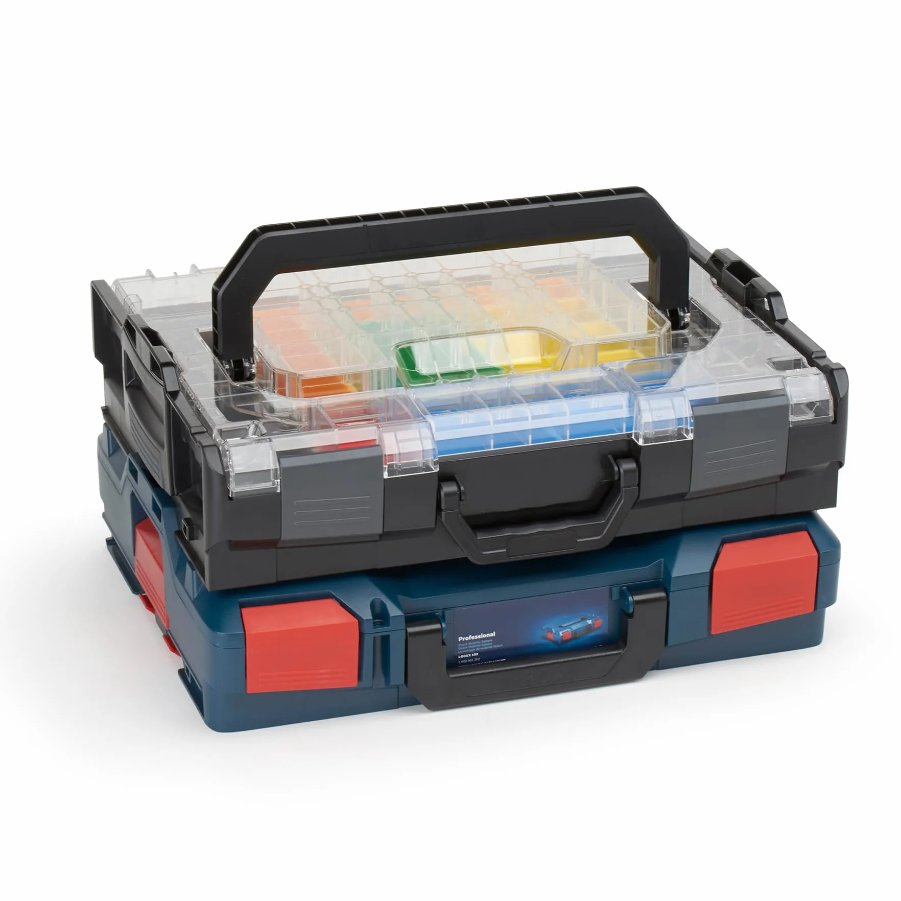Sortimo Bosch L-BOXX 102 walizka narzędziowa z tworzywa sztucznego, czarna, pokrywka, z zestawem pudełek do sortowania małych części, idealny system przechowywania śrub