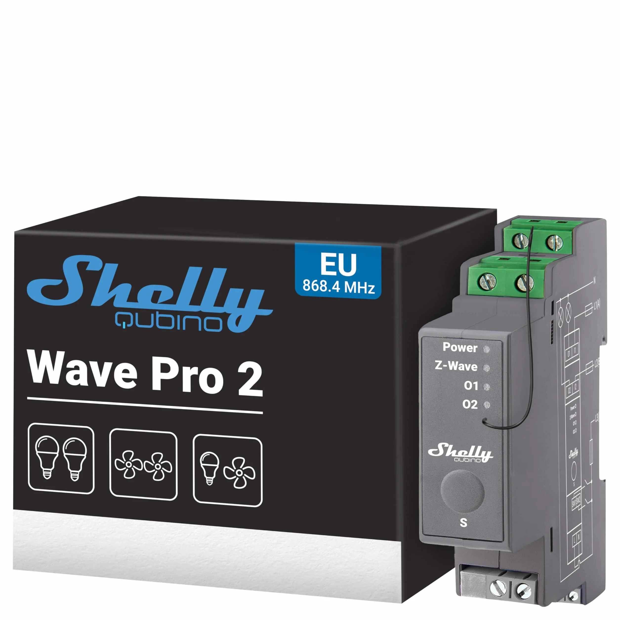 Shelly Qubino Wave Pro 2 – Przełącznik Z-Wave, 2 kanały – 25 A, styki bezpotencjałowe, montaż na szynie DIN, oświetlenie inteligentne, wymagana bramka Z-Wave