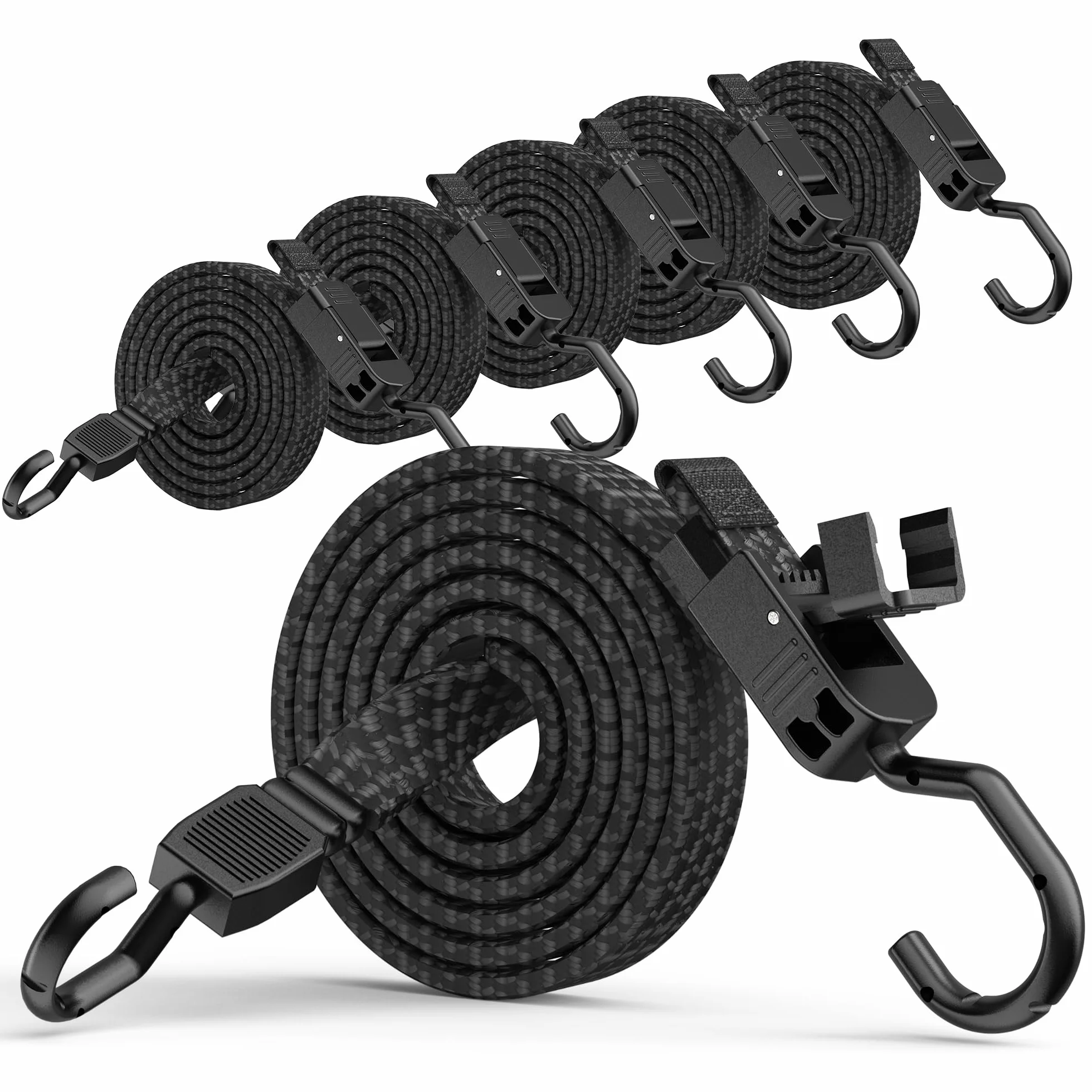 Rugtol Regulowana guma napinająca z haczykiem, 120 cm, ekspander z klamrą szybkozamykającą i metalowymi haczykami, zestaw 6 sztuk, płaski napinacz bagażu, czarny, bardzo mocny gumowy napinacz do żagla