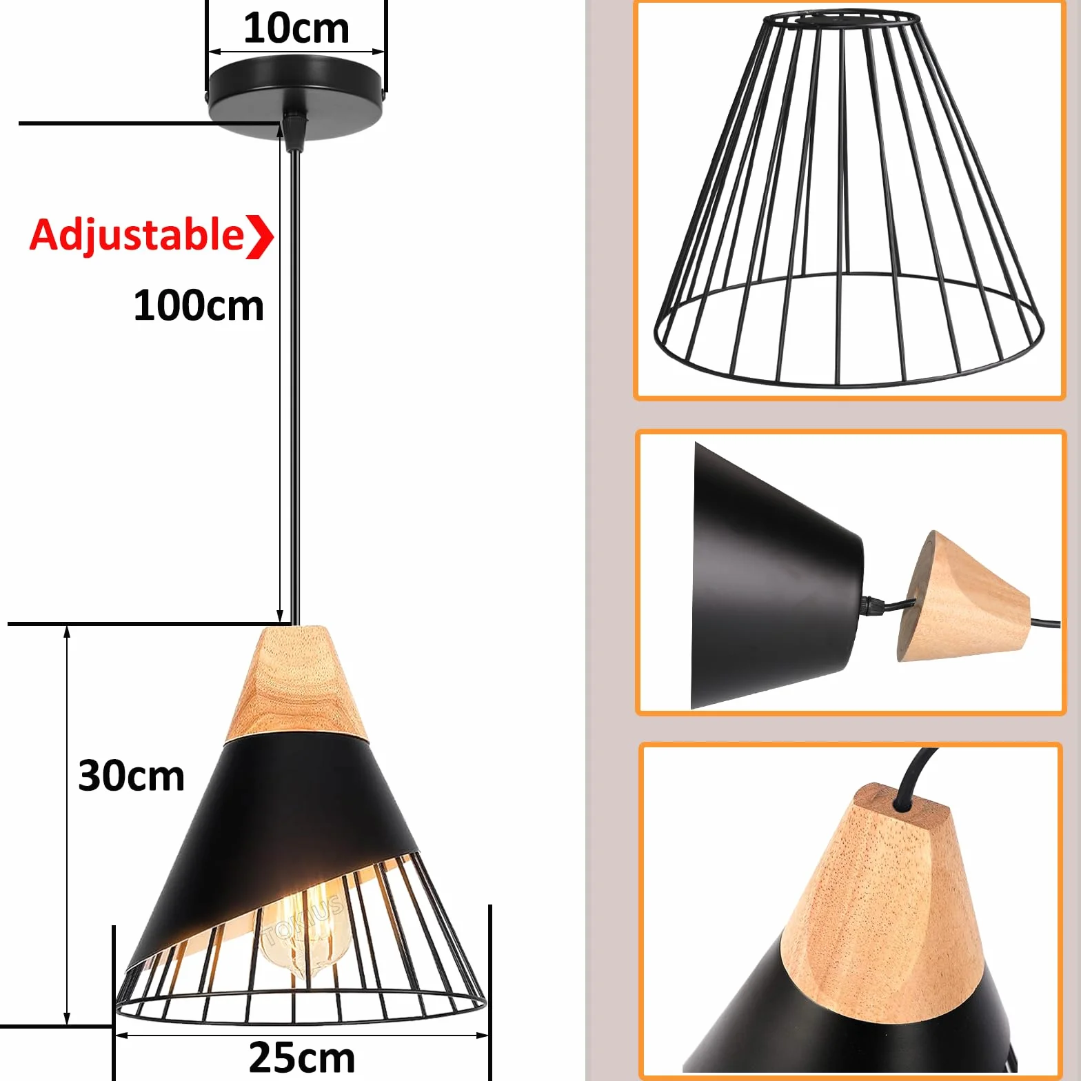 Lampa wisząca Nowoczesny przemysłowy drewniany żyrandol abażur Vintage Metal Kształt Klatka Ø25cm Lampa sufitowa E27 Projekt do kuchni, sypialni salonu (czarny -2 szt.)