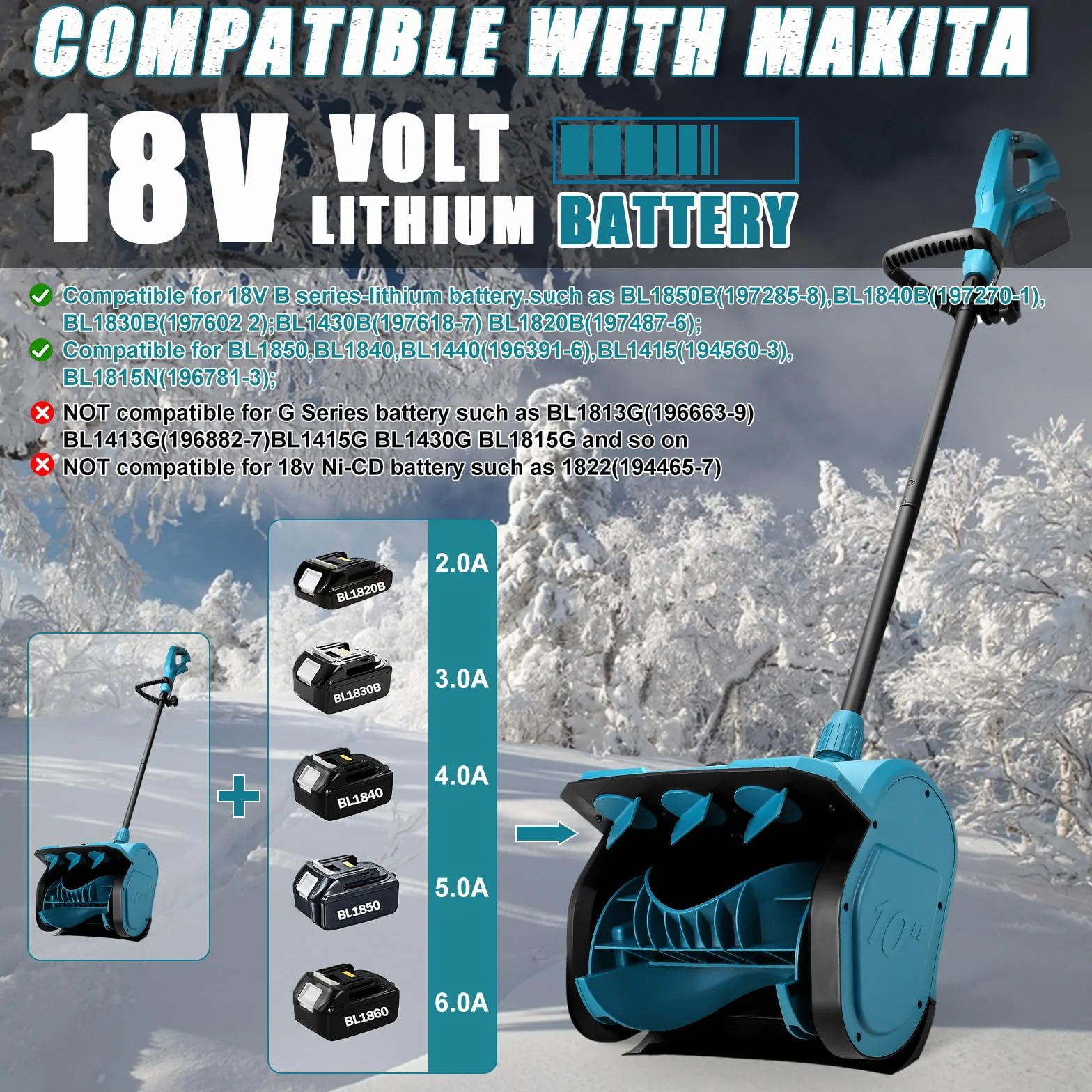 Akumulatorowa odśnieżarka kompatybilna z Makita 18 V 1200 W szerokość 15 cm zasięg wyrzutu 8 m