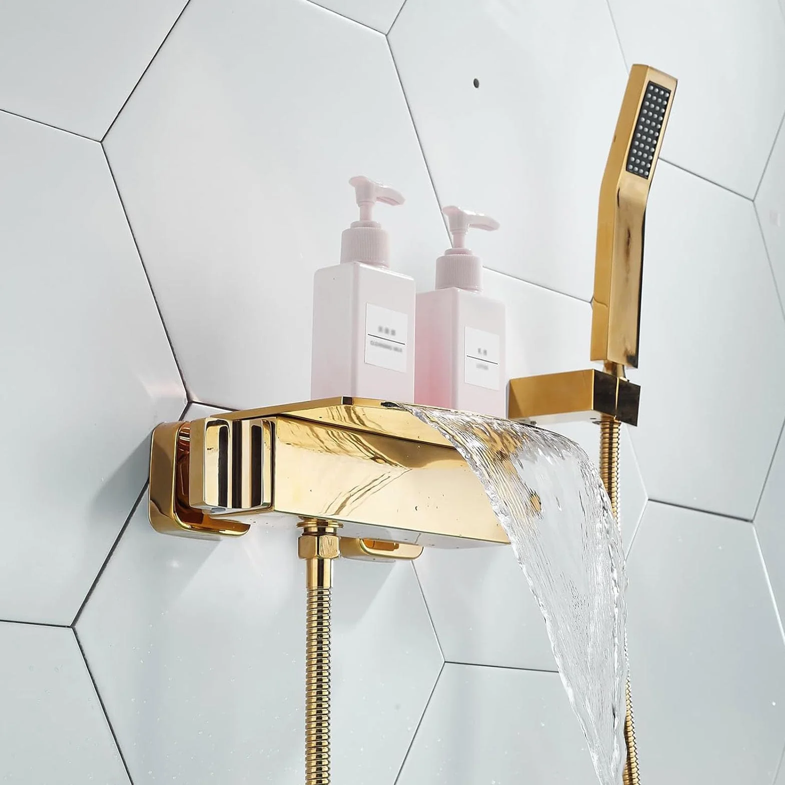 Bateria wannowa z główką prysznicową, bateria wannowa z wodospadem, bateria wannowa, bateria wannowa ścienna, nowoczesny zestaw baterii do wanny łazienkowej,Gold