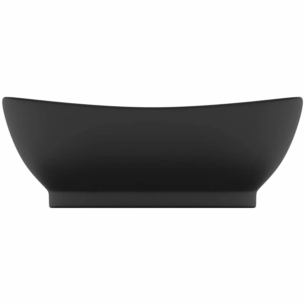Matowa, czarna, ceramiczna umywalka nasadowa z przelewem, owalna, 58,5 x 39 cm, otwór na kran 3,5 cm, odpływ 4,5 cm, do łazienki, umywalki, nowoczesna
