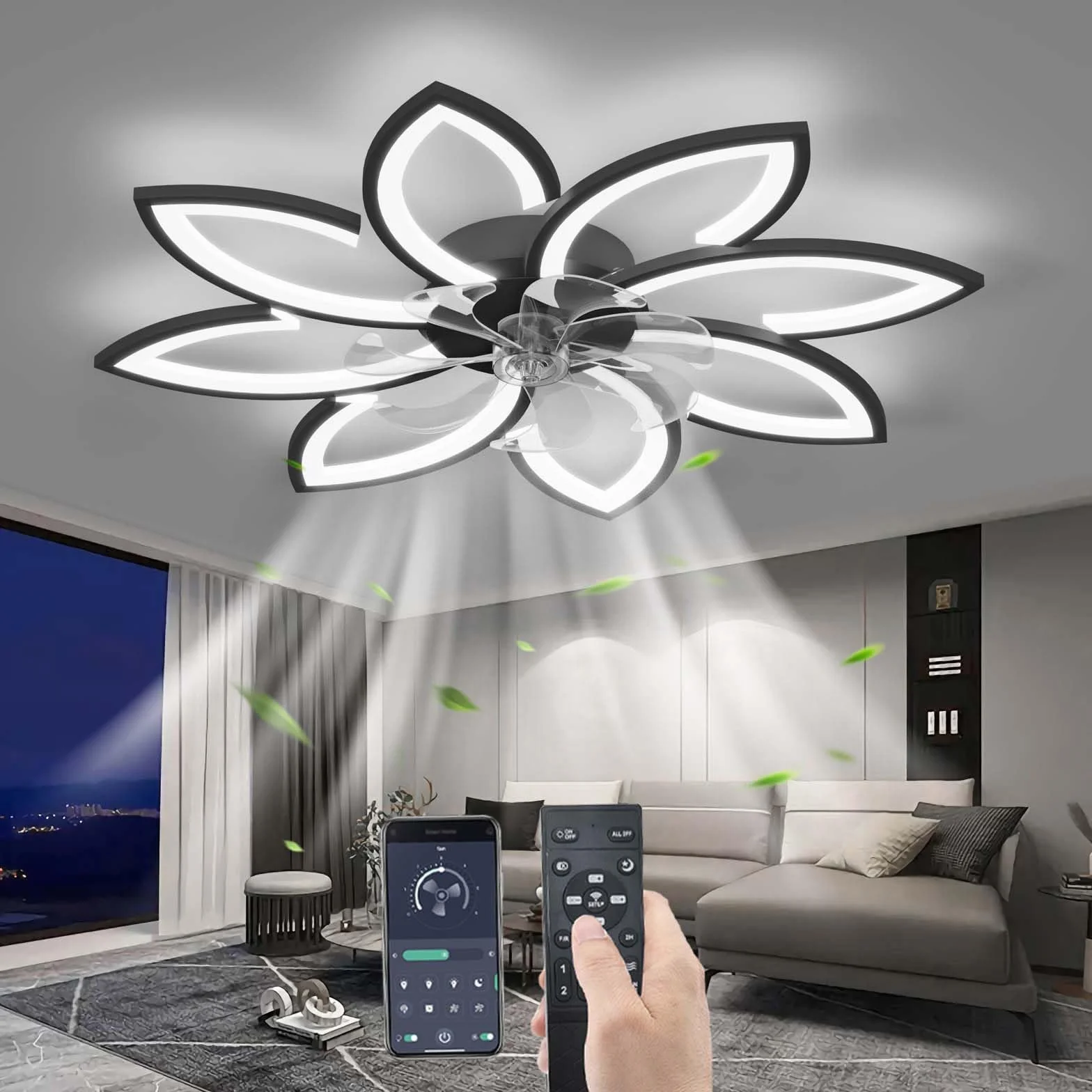 Mute Wentylator sufitowy z oświetleniem, LED Ściemnialne Fan Lampa sufitowa Nowoczesny Oświetlenie dla Pokój dzienny Sypialnia Biuro, Regulowany 6 prędkości, Czarny 90CM