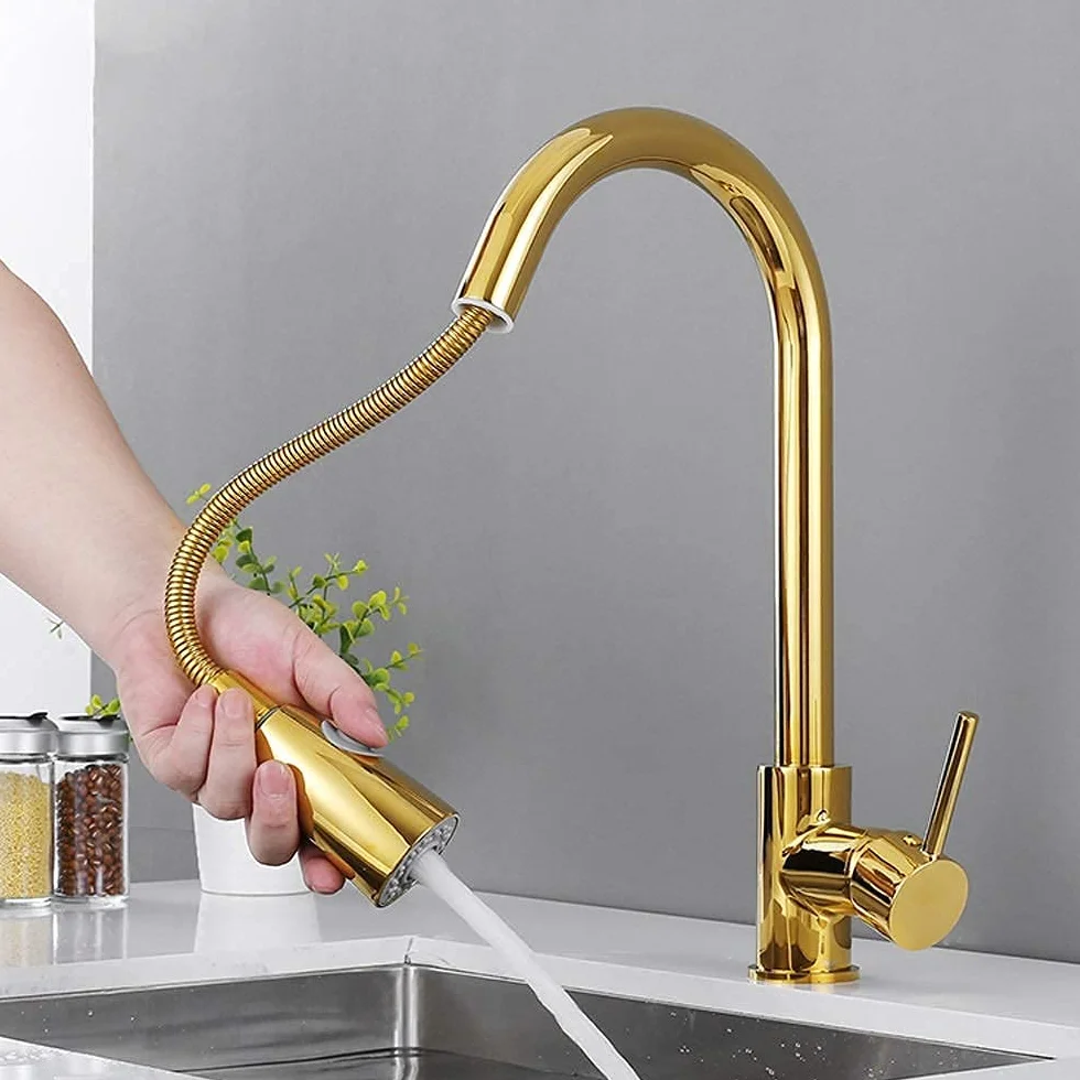 Baterie, łazienka Złota wyciągana głowica natryskowa Bateria kuchenna 2 tryb opryskiwacza 360 obrót Pojedynczy uchwyt Mixer Tap Żuraw do zlewu Pojedynczy uchwyt Deck Mounted/a little surprise