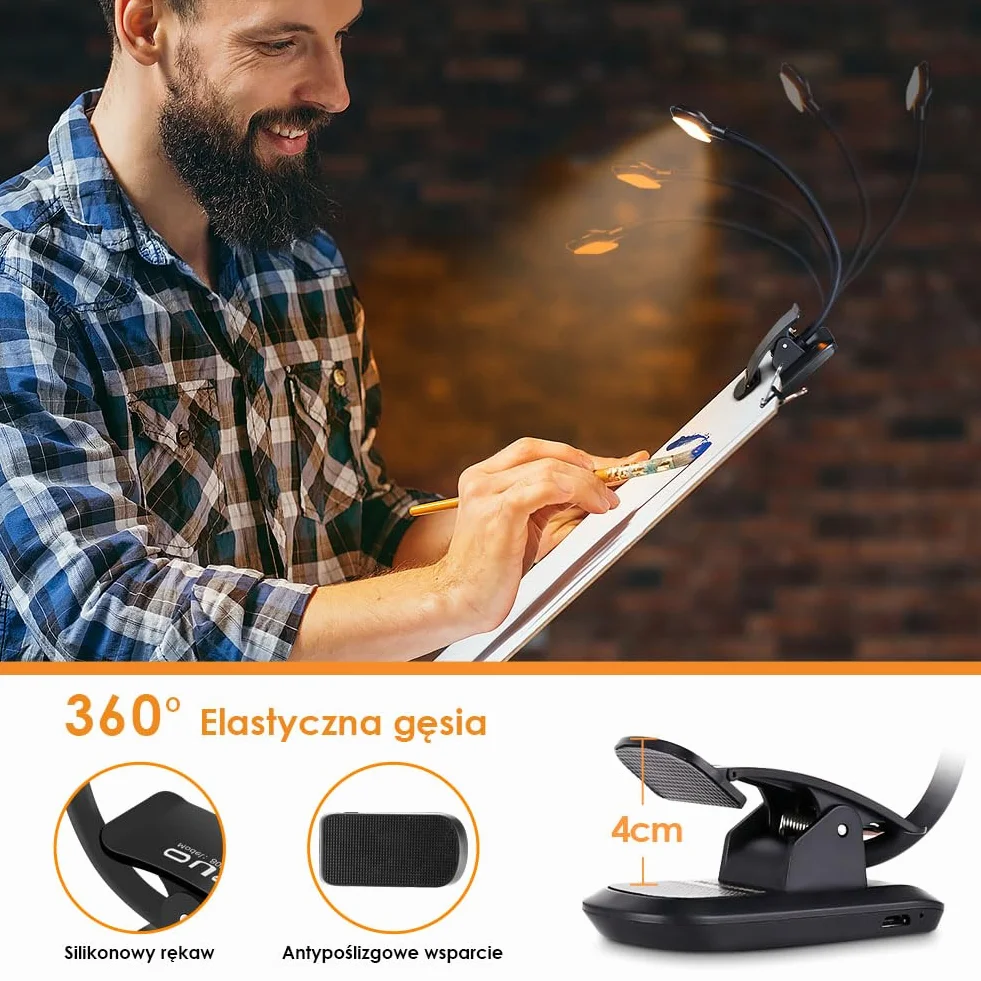 OUSFOT Lampa do czytania książek, zacisk z 3 stopniami jasności, 9 diod LED, ładowana przez USB, lampa zaciskowa 360°, elastyczna lampa zaciskowa LED, do biura, łóżka, stojak na nuty