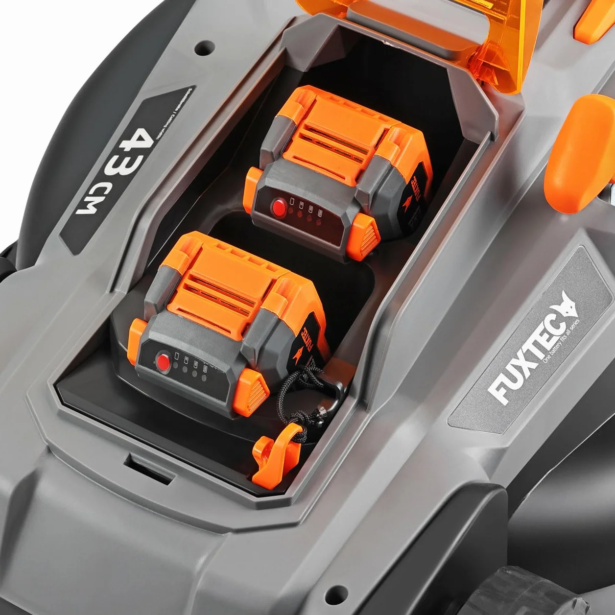 Kosiarka akumulatorowa FUXTEC 40V (2x20V) E2RM43 - szerokosc koszenia 43 cm, zmienna wysokosc koszenia, kosiarka elektryczna, akumulatorowa (akumulator litowo-jonowy i ladowarka w zestawie)