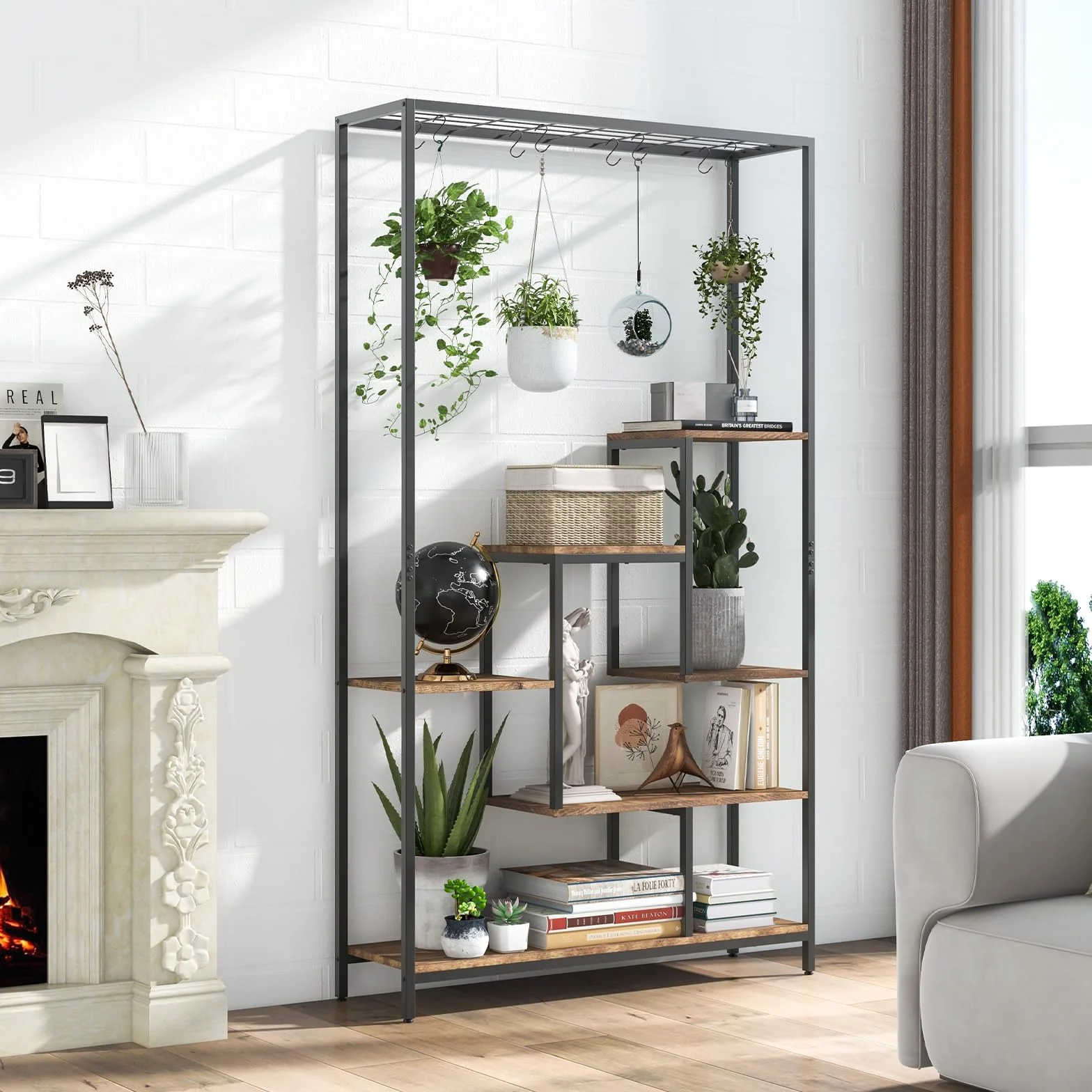 GOPLUS 6-piętrowy stojak na rośliny z wiszącym regałem i 10 hakami 100 x 30 x 180 cm