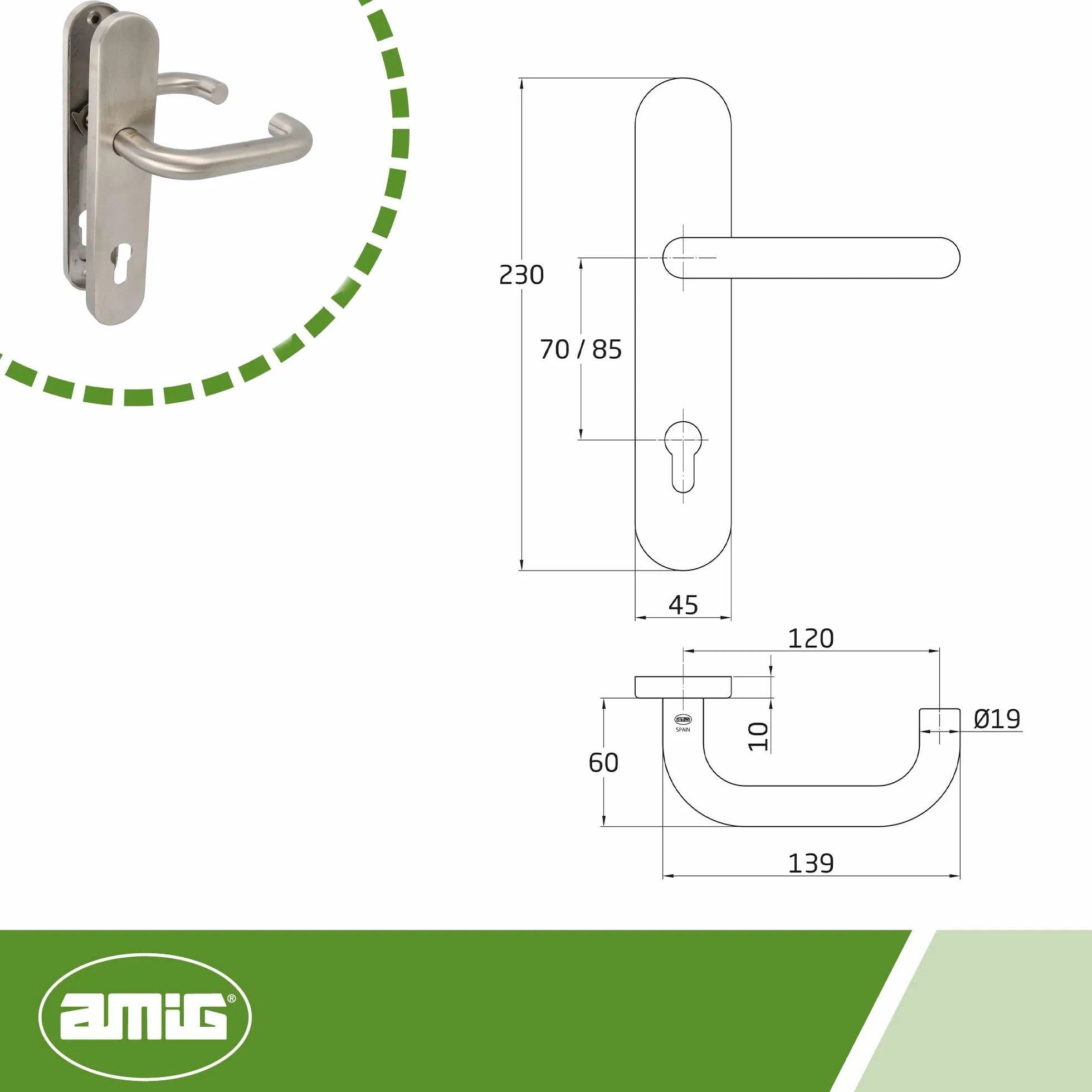 Amig - Zestaw klamek z płytą drzwiową | Mod. 3PXB85 | 139 x Ø19 mm | 8 mm kwadrat | Elegancki i prosty design | Stal nierdzewna 18/8 srebrny matowy