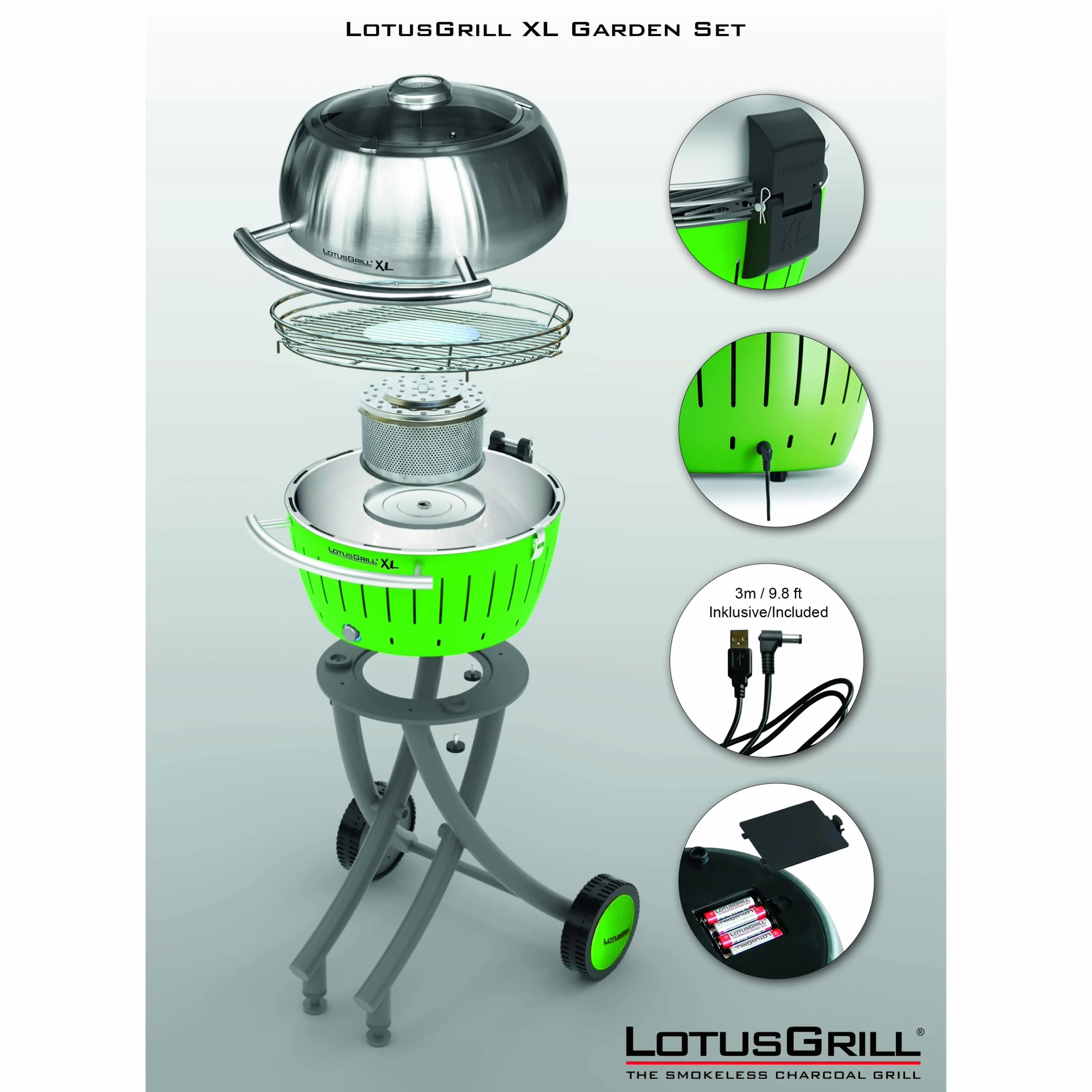 LotusGrill Zestaw grilla ogrodowego XL, kolor limonkowy – grill na kółkach z pokrywą XL ze stali nierdzewnej (pomarańcza mandarynkowa)