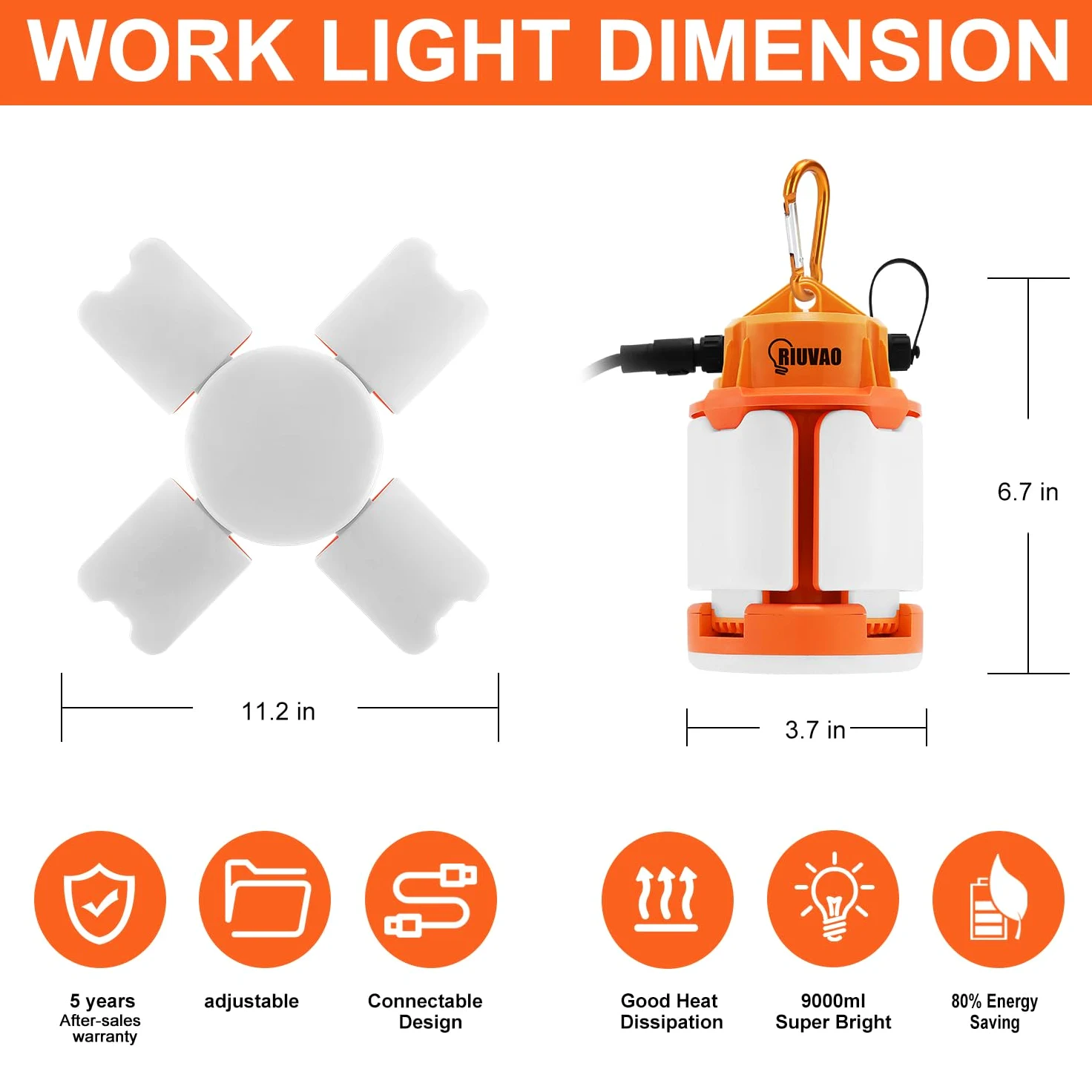 Tymczasowa lampa robocza LED, 60 W, 9000 lm, 5000 K, super jasne światła budowlane, 4 regulowane panele świetlne, światło robocze LED IP67, wodoszczelne, z haczykiem, przenośne