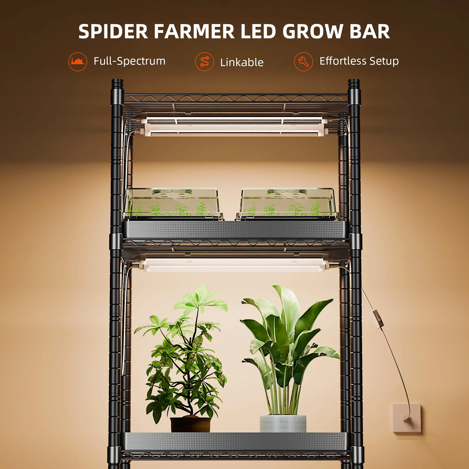 Spider Farmer Lampa do roślin LED o pełnym spektrum (3000 K + 5000 K + 660 nm), 40 W (4 x 10 W, odpowiednik 200 W) z 3 poziomami jasności i funkcją łańcucha, wodoszczelność IP65, do roślin pokojowych
