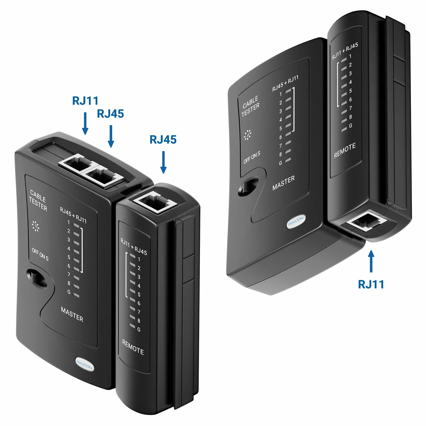 deleyCON Tester Kabli Sieciowych Tester Kabli RJ11 RJ12 RJ45 ISDN LAN Kabel Sieciowy Kabel Krosowy CAT6 CAT7 CAT8 Tester Okablowania - Czarny