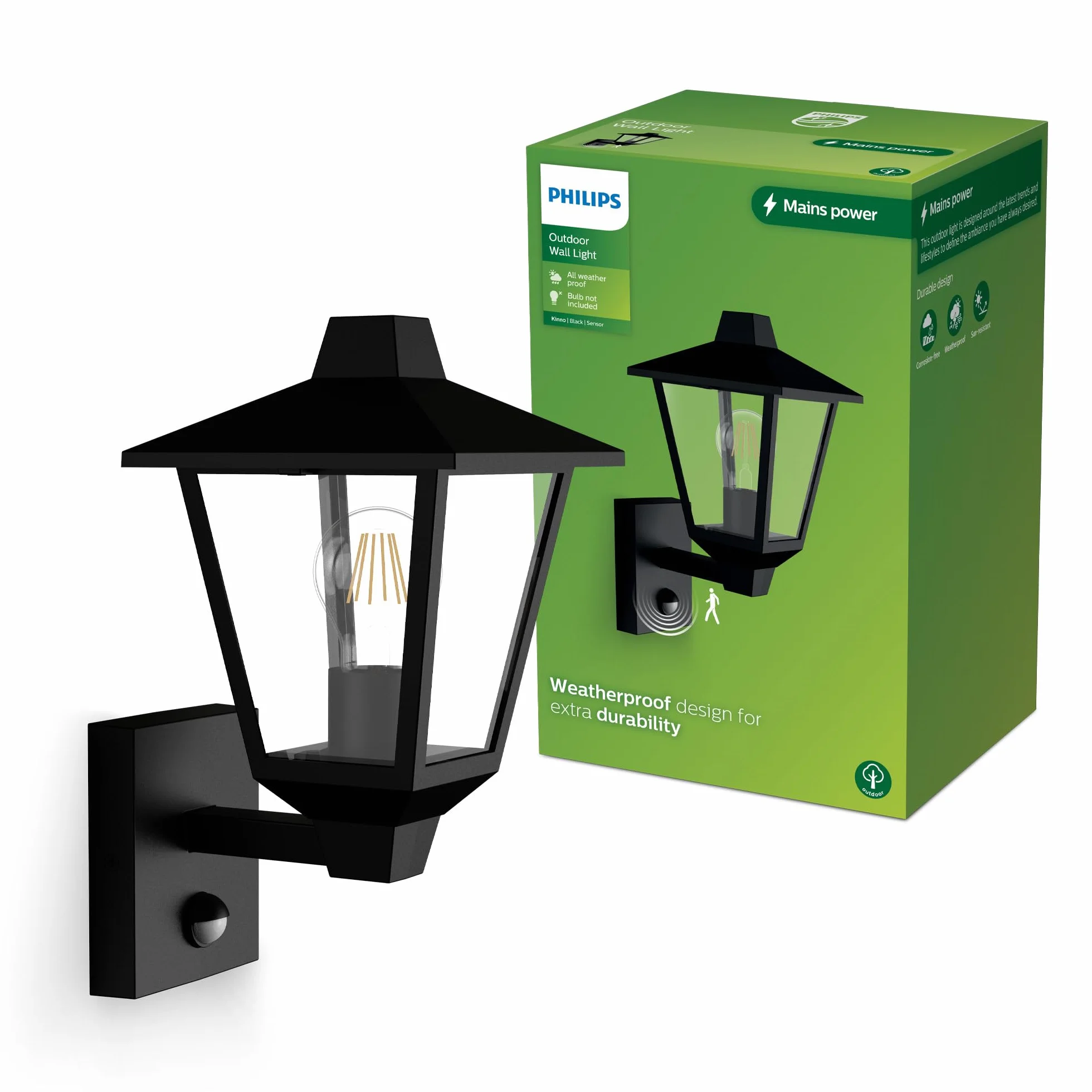 Philips Kinno Zewnętrzna Lampa Ścienna z Czujnikiem, Max 25W, Gniazdo E27, Czarna