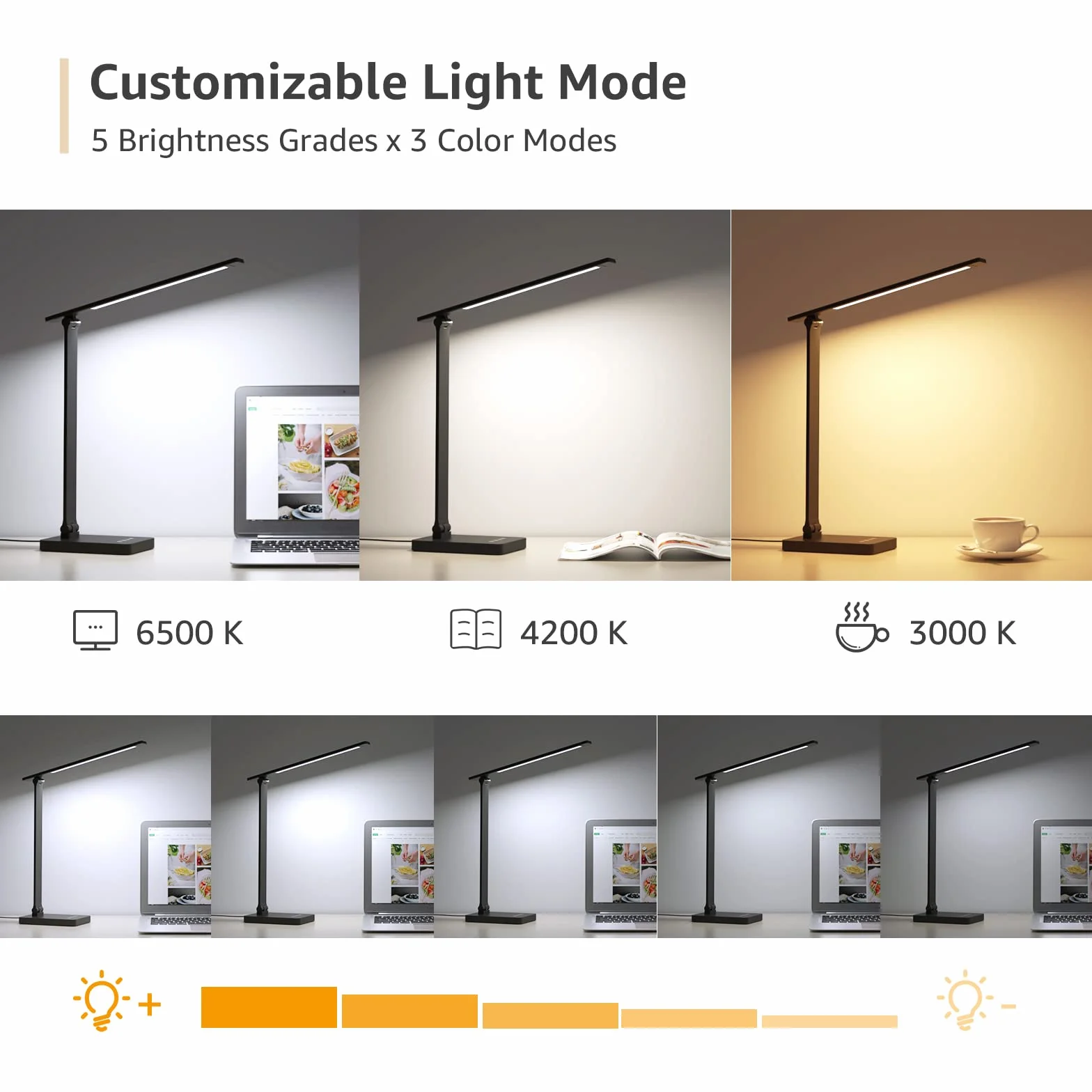 Lepro Lampa biurkowa z portem USB 655 lm, lampa biurkowa 15 W z adapterem, 3 tryby kolorów i 5 poziomów jasności, możliwość ściemniania, antyodblaskowa, do czytania, manikiurzystki, czarna