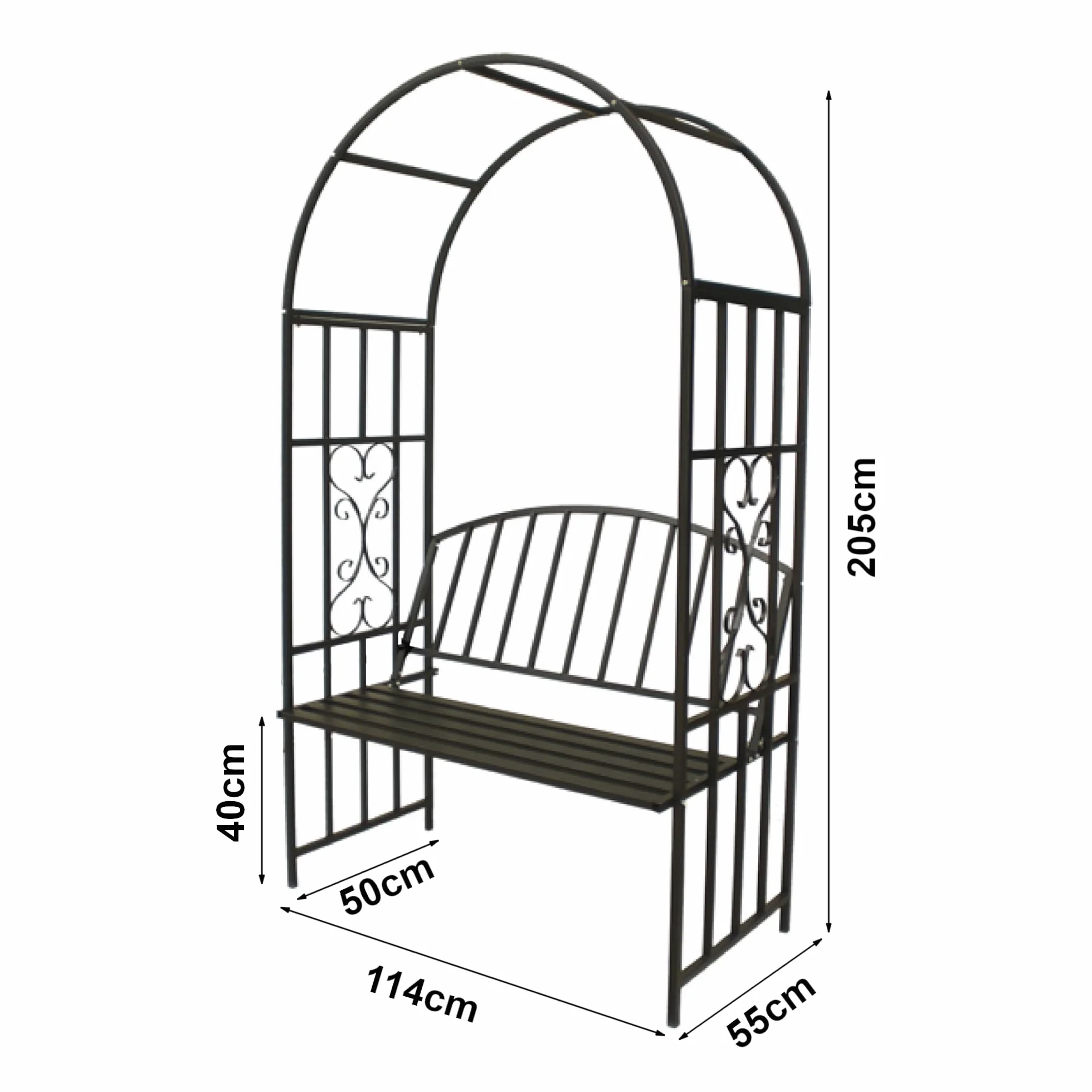 casa.pro Pergola Barile z ławką łuk różany z dwuosobową ławką metal czarny 205x114x55 cm łuk ogrodowy