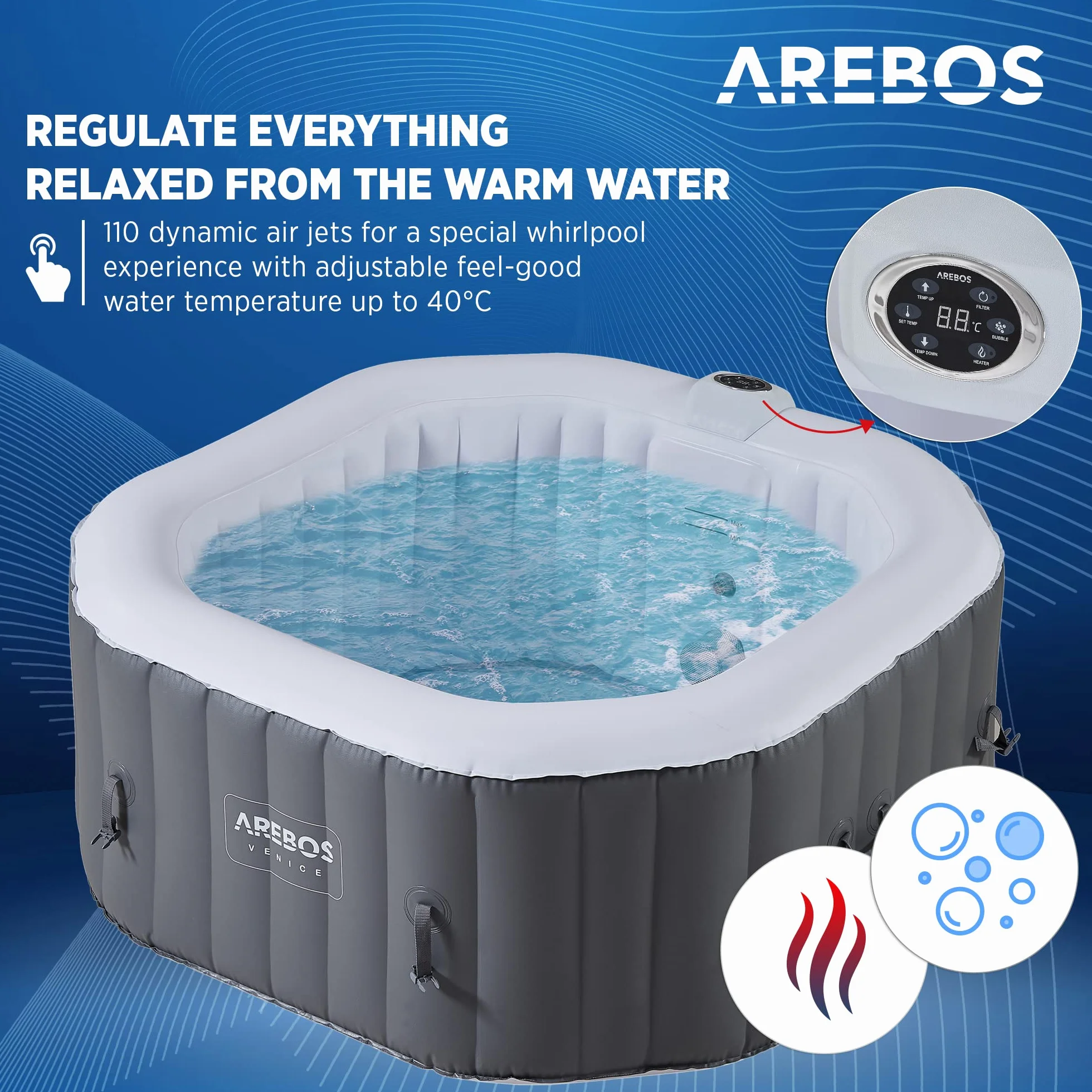 Arebos Whirlpool Pure | Nadmuchiwany | do wewnątrz i na zewnątrz | 154 x 154 cm | 4 osoby | 110 dysz do masażu | z ogrzewaniem | 600 litrów | w zestawie pokrywa | Bubble Spa & Wellness masaż