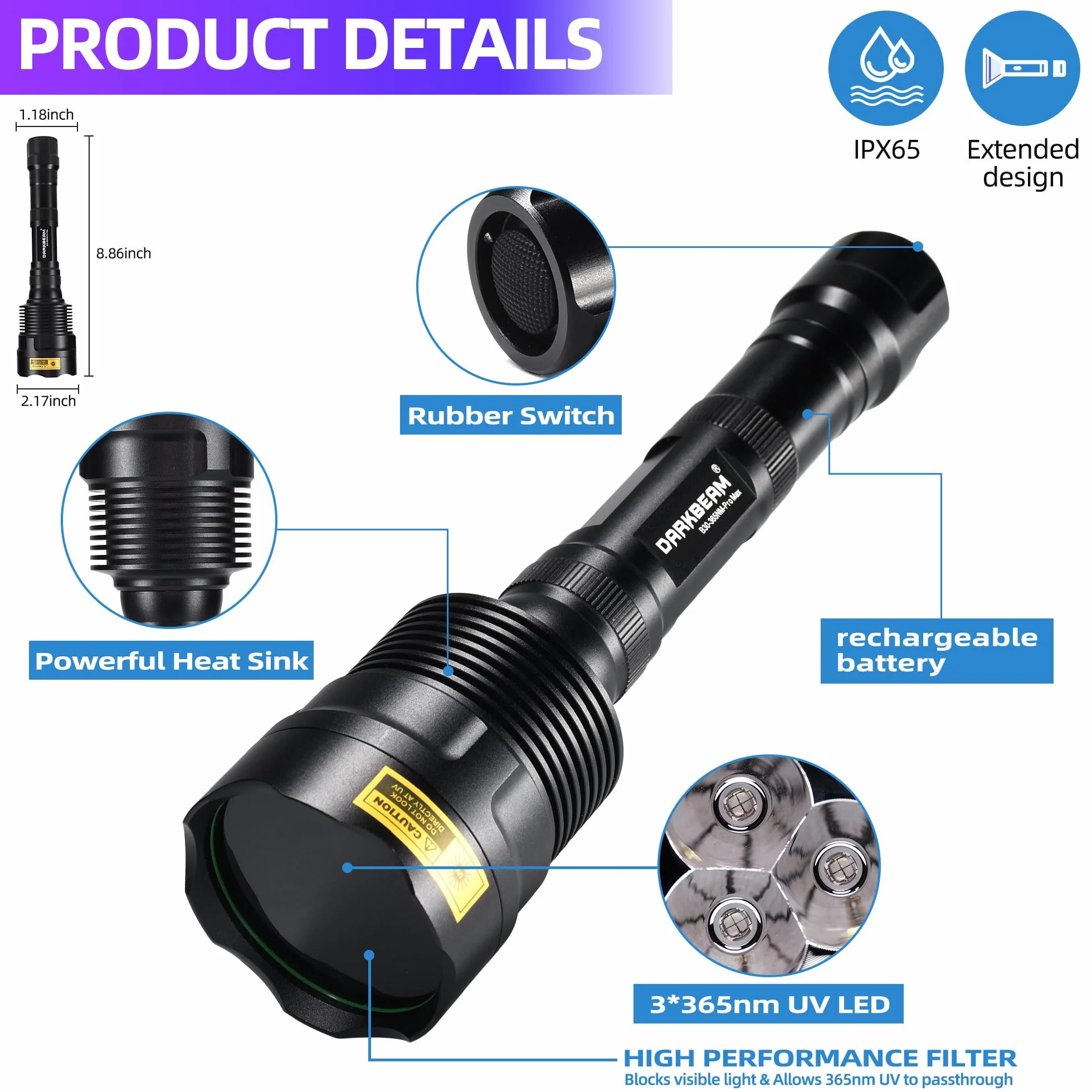 DARKBEAM Latarka UV 365 nm potężne czarne światło, 3 diody LED przenośna ładowalna lampa drewniana, 36 W, wykrywacz moczu, wycieków, polowanie na skały, żywica, B30 | Wood 36W Przenośny akumulator, ultra fioletowa latarka wykrywacz moczu, wykrywanie wycie