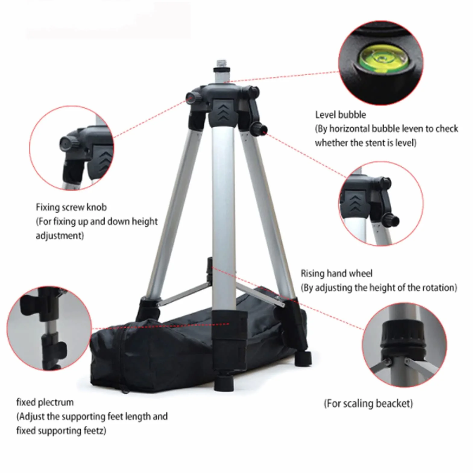 Statyw z poziomicą laserową, Aluminiowy Statyw Laserowy o Wysokości 4,9 Stopy z poziomicą, Składane Nogi, Antypoślizgowe Nóżki, Pokrowiec, Samopoziomujący Poziomy Stojak Pomiarowy