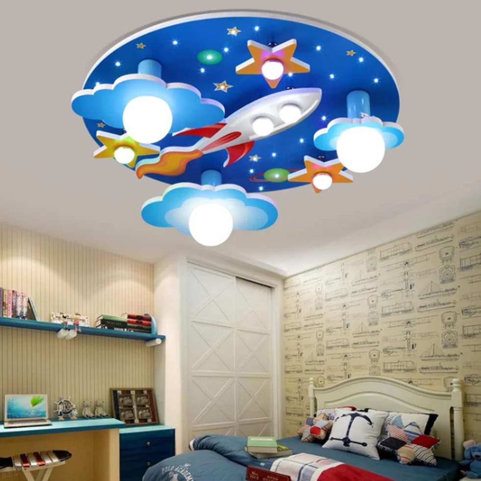 Universe rakieta lampa sufitowa gwiazda oświetlenie dziecięce E27 drewno rzemiosło szkło oświetlenie ultracienka lampa do holu biała lampa LED pokój dziecięcy sypialnia salon pokój dziecięcy kreskówka światła żyrandol