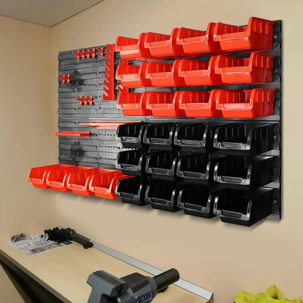 Tools regał ścienny, montowany na ścianie, regał narzędziowy, 28 pudełek do układania w stos, system przechowywania, wielofunkcyjny, bardzo mocna płyta ścienna do warsztatu, garażu