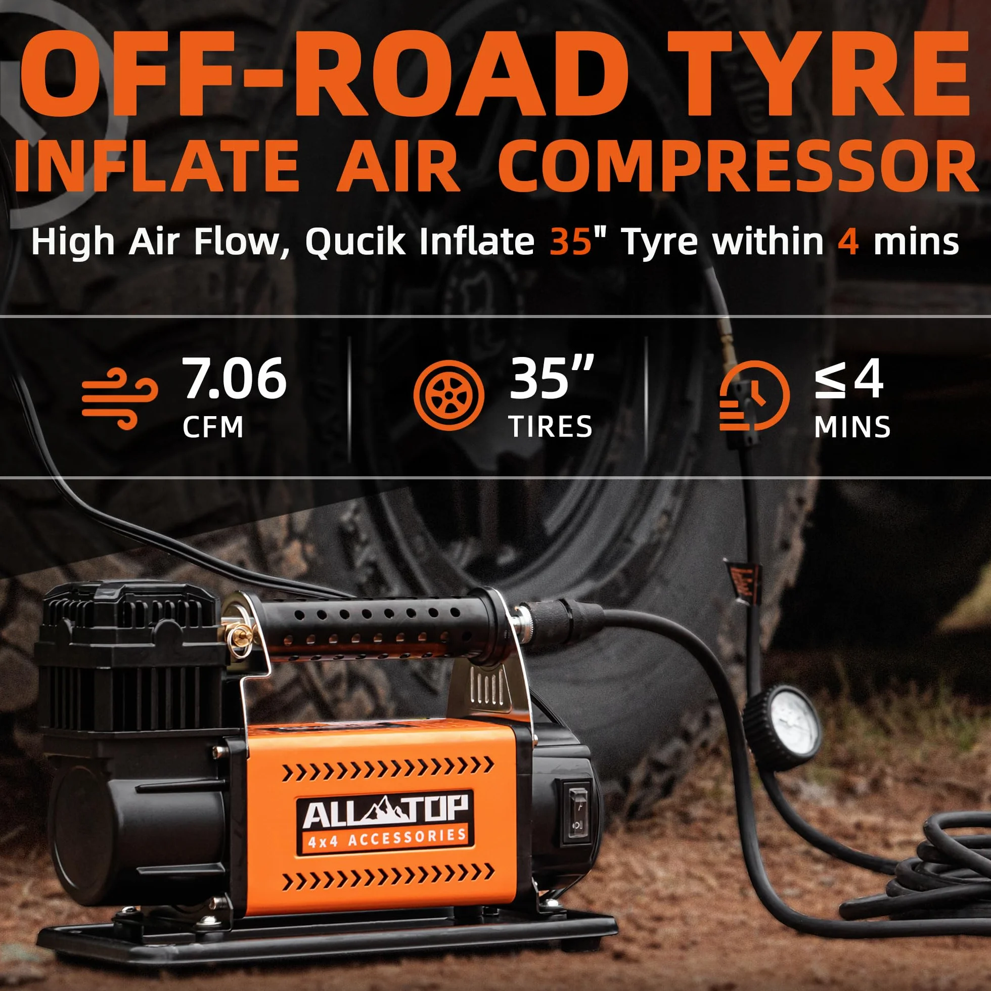 WERPOWER All-Top 4X4 I 12V DC Przenośna sprężarka powietrza Maximum Tire Pressure 150PSI Wskaźnik przepływu 180L/min (160L Sprężarka powietrza)