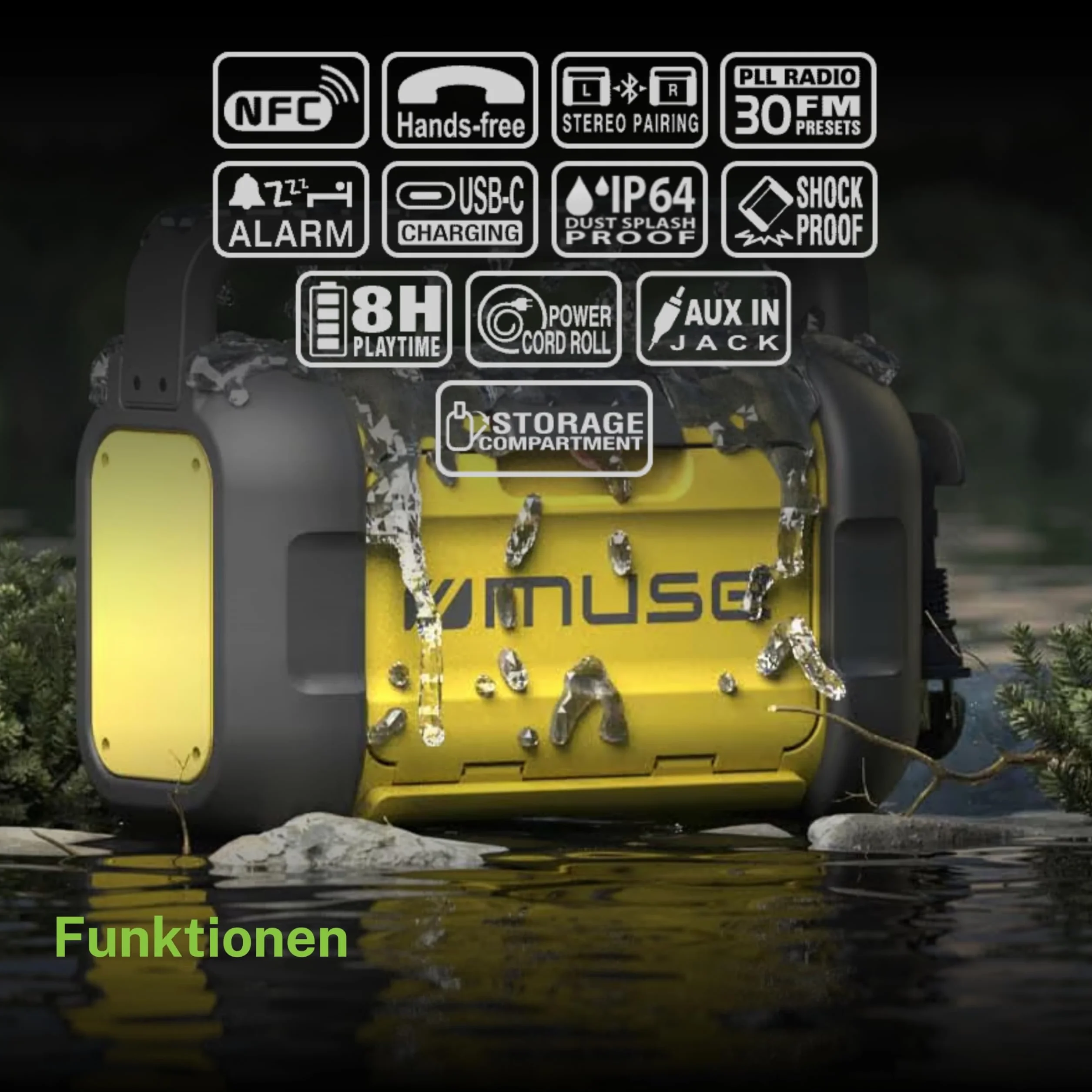 Muse M-928 BTY radio na plac budowy, wytrzymałe, odporne na kurz i wodę bryzgową (IP64), z Bluetooth i radiem FM, zintegrowaną ładowarką i złączem USB-C, czarno-żółte