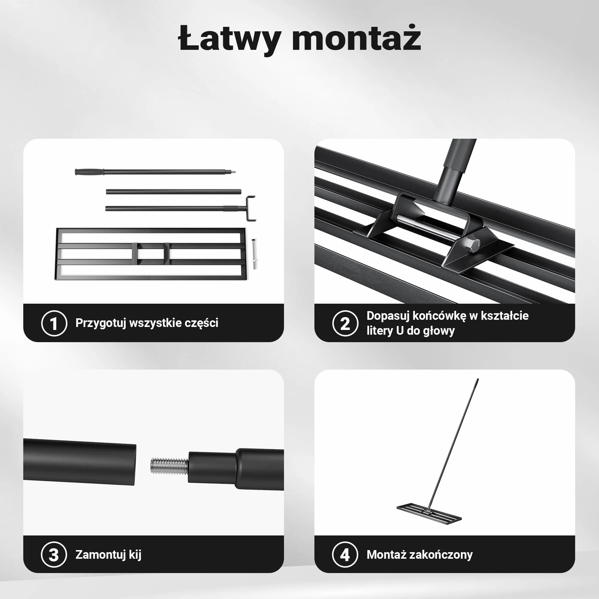 Wiltec Niwelator ręczny 25,4cm x 121,9cm aluminiowy z regulowanym kijem 2m, grabie do trawnika