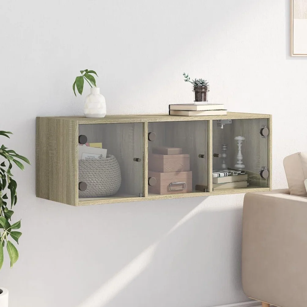 Szafka ścienna ze szklanymi drzwiami, dąb Sonoma z materiału drewnopochodnego 102 x 37 x 35 cm, szafka do przechowywania z półkami i półką, do biura, korytarza, piwnicy, warsztatu, miejsca do
