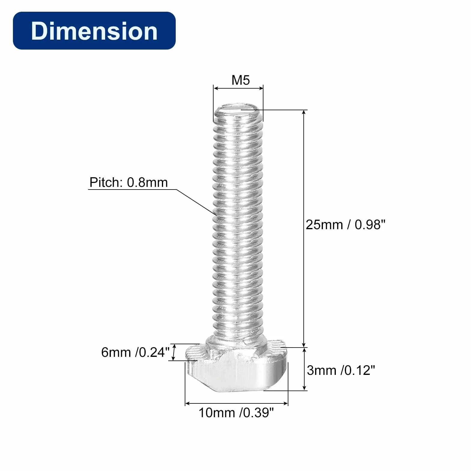 QUARKZMAN 40 sztuk śruby T-Slot, M5 x 25 mm Śruba z łbem młotkowym T Pin do profilu aluminium serii T 2020, niklowana stal węglowa, srebrny