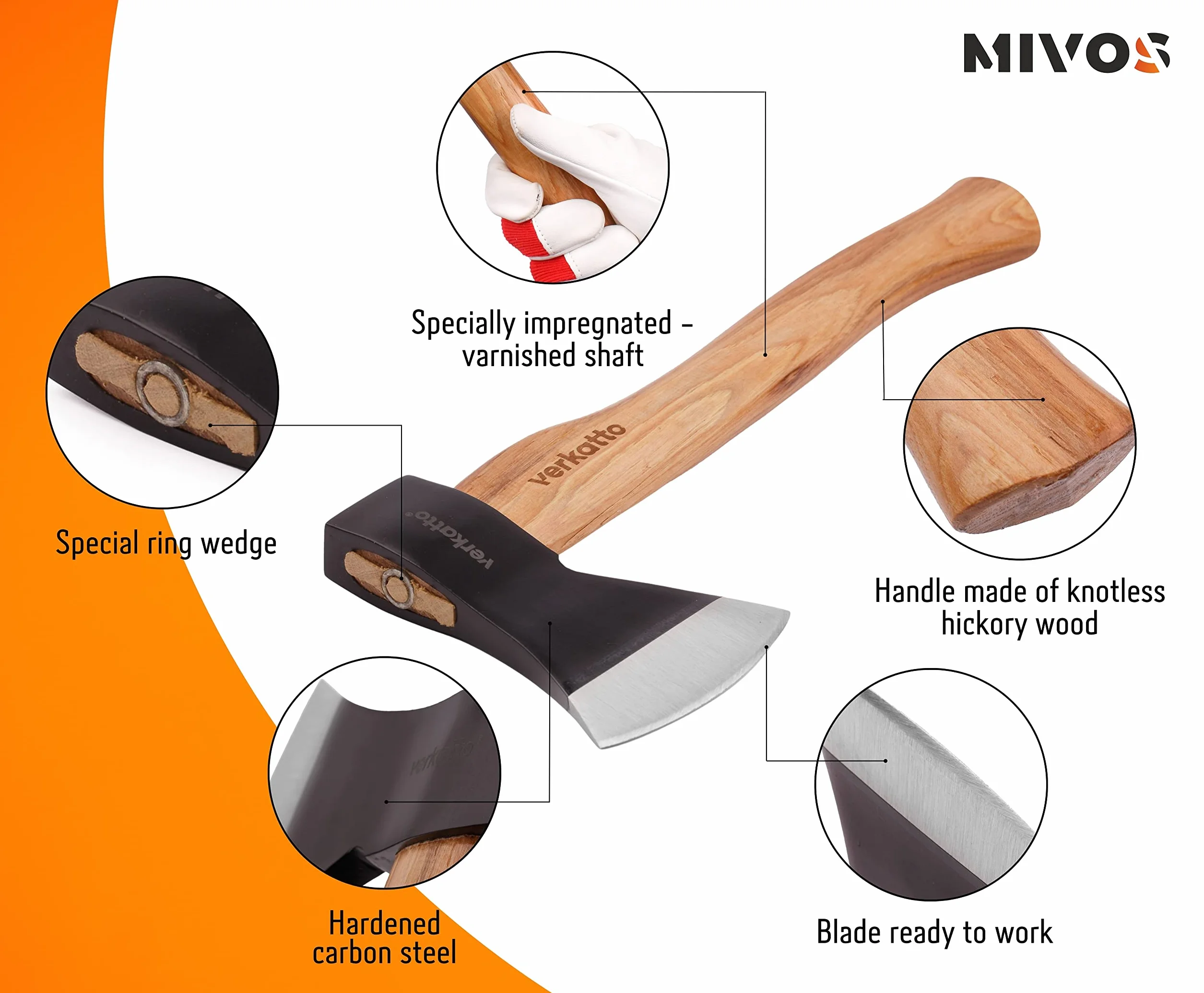 Mivos Siekiera 600 g z drewnianym trzonkiem hikorowym, ostrzem ze stali węglowej