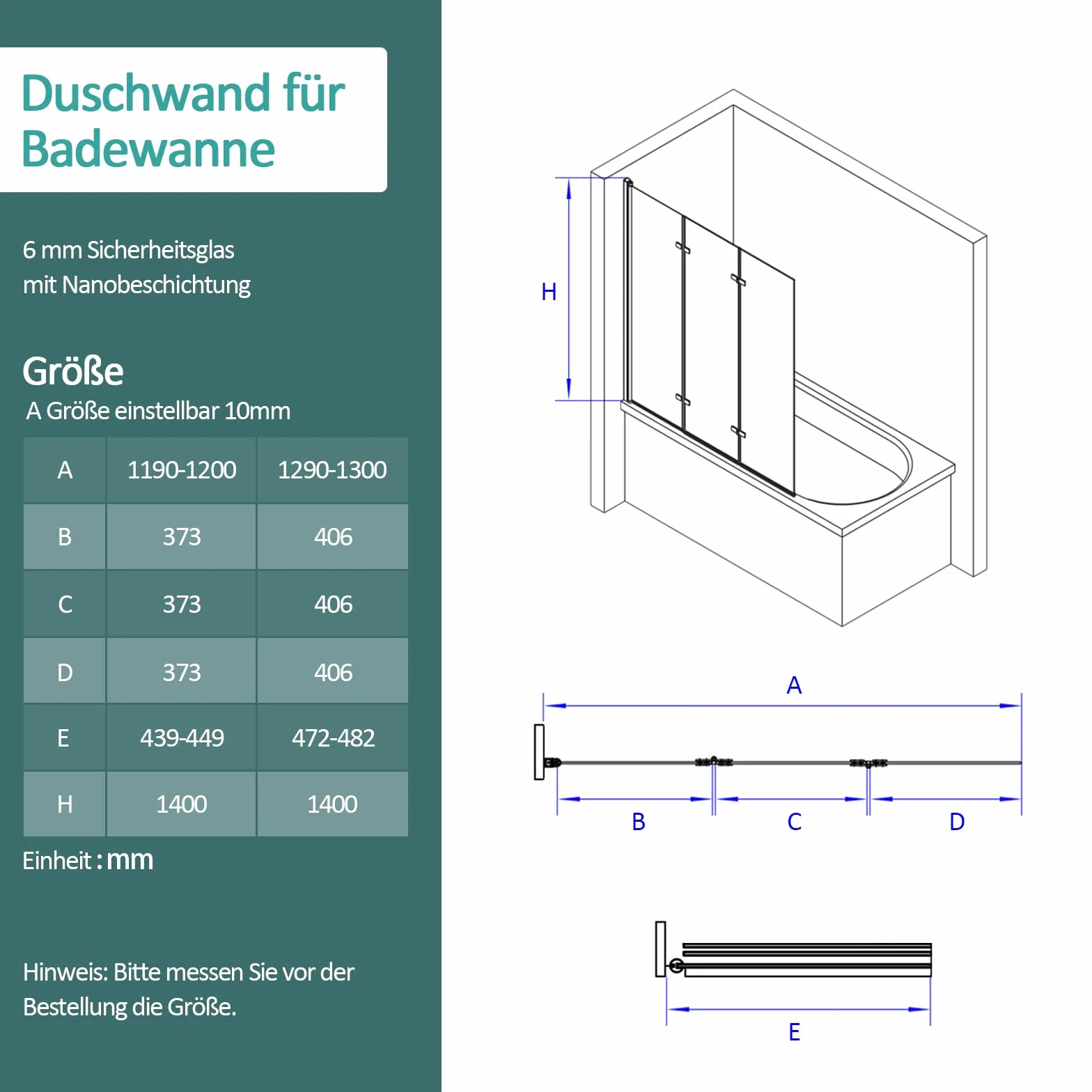 EMKE 130 x 140 cm wanna ścianka prysznicowa 3-częściowa składana z powłoką NANO łatwa do czyszczenia ścianka składana 6 mm szkło bezpieczne