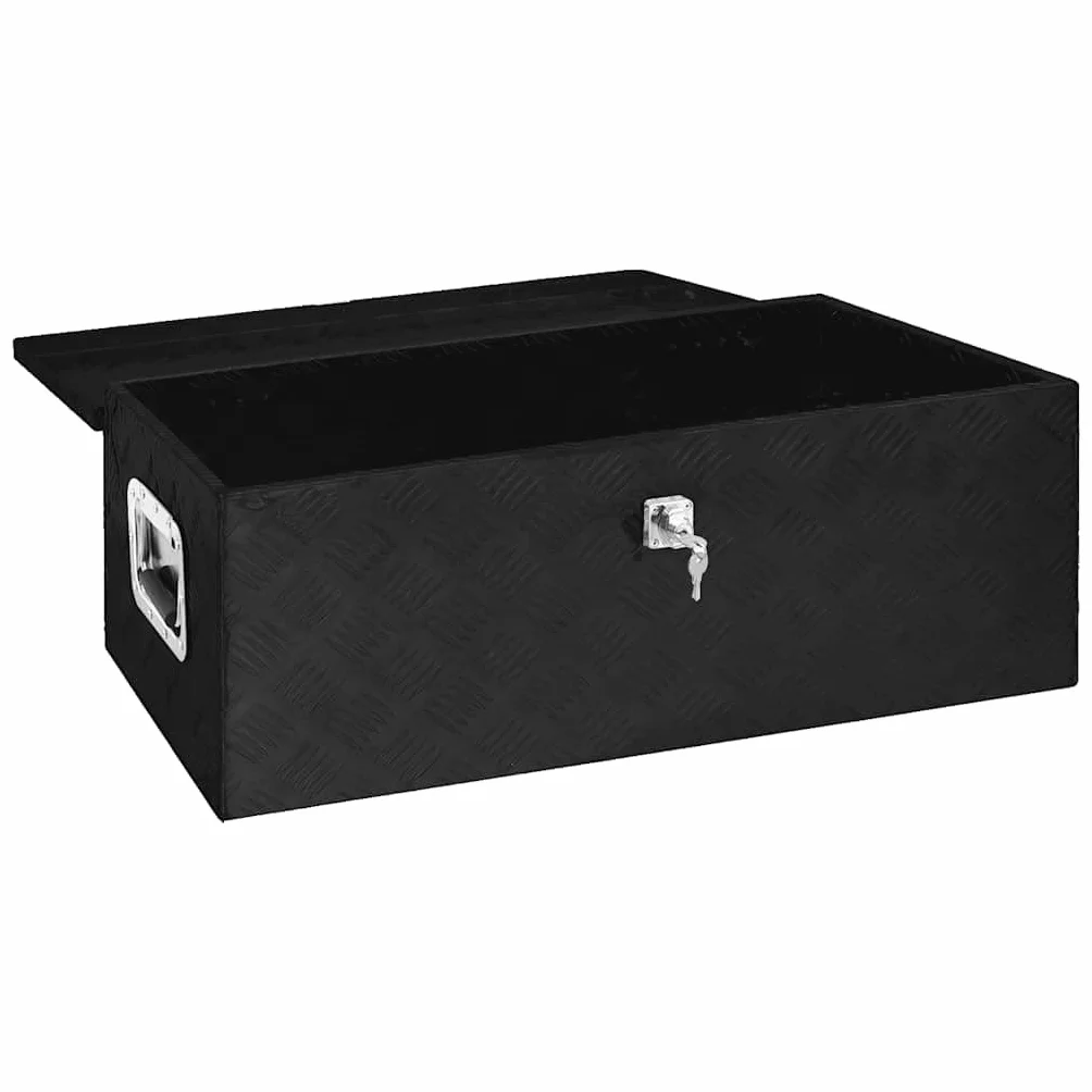 Aluminiowe pudełko do przechowywania, czarne, 90 x 47 x 33,5 cm, do skrzynki narzędziowej, transportu, przechowywania, z uchwytem, systemem zamykania i kluczem, do warsztatu, garażu