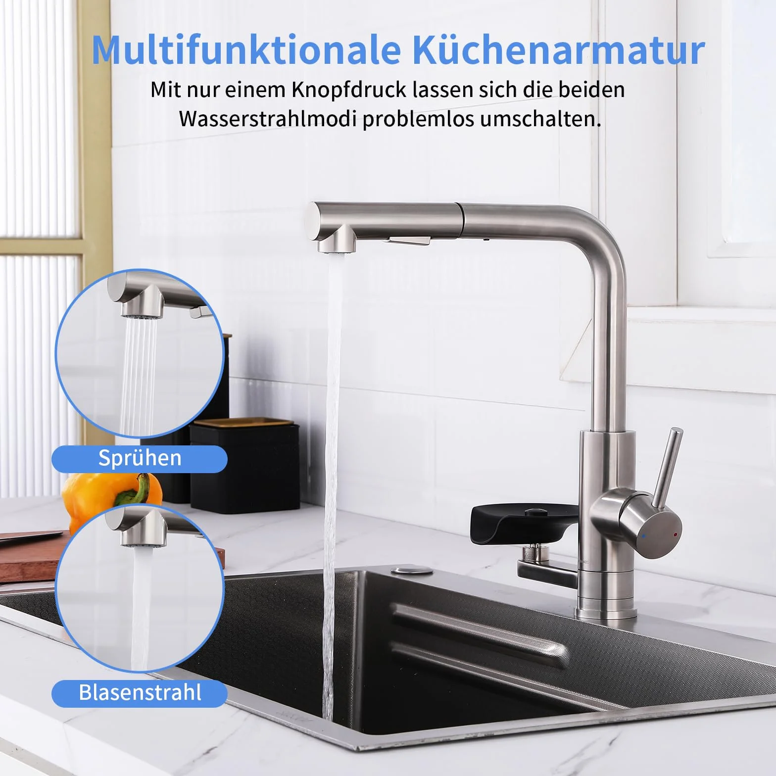Kran kuchenny Bateria kuchenna LakeBayMZC z myjką do szklanek, wyciągana, podwójna wylewka, stal nierdzewna 304 matowa