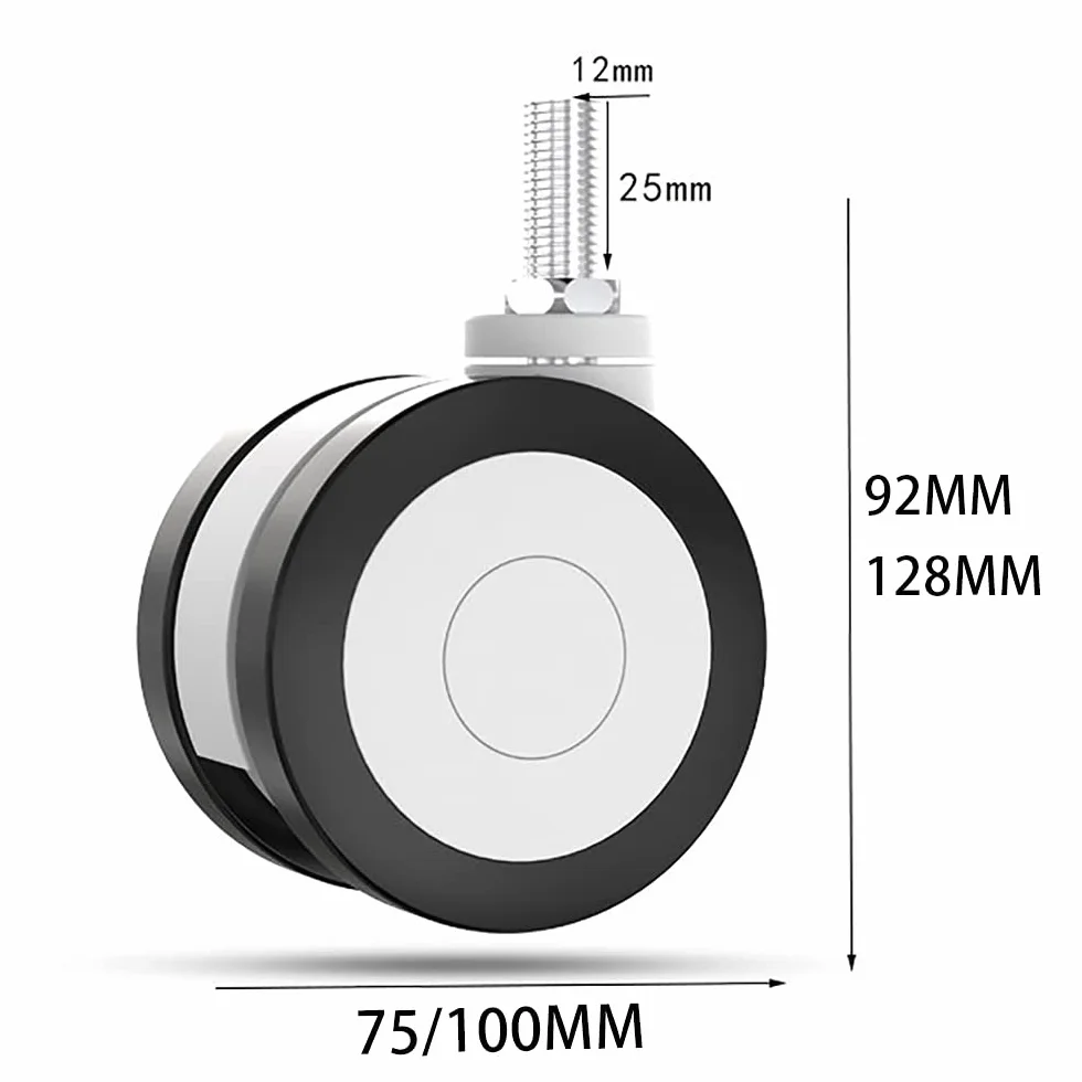 Wytrzymałe kółka skrętne M12 75 mm, z hamulcem, cichy drążek gwintowany, do mebli, wózka, stołu warsztatowego, zestaw 4 sztuk (hamulec 100 mm) (75 mm