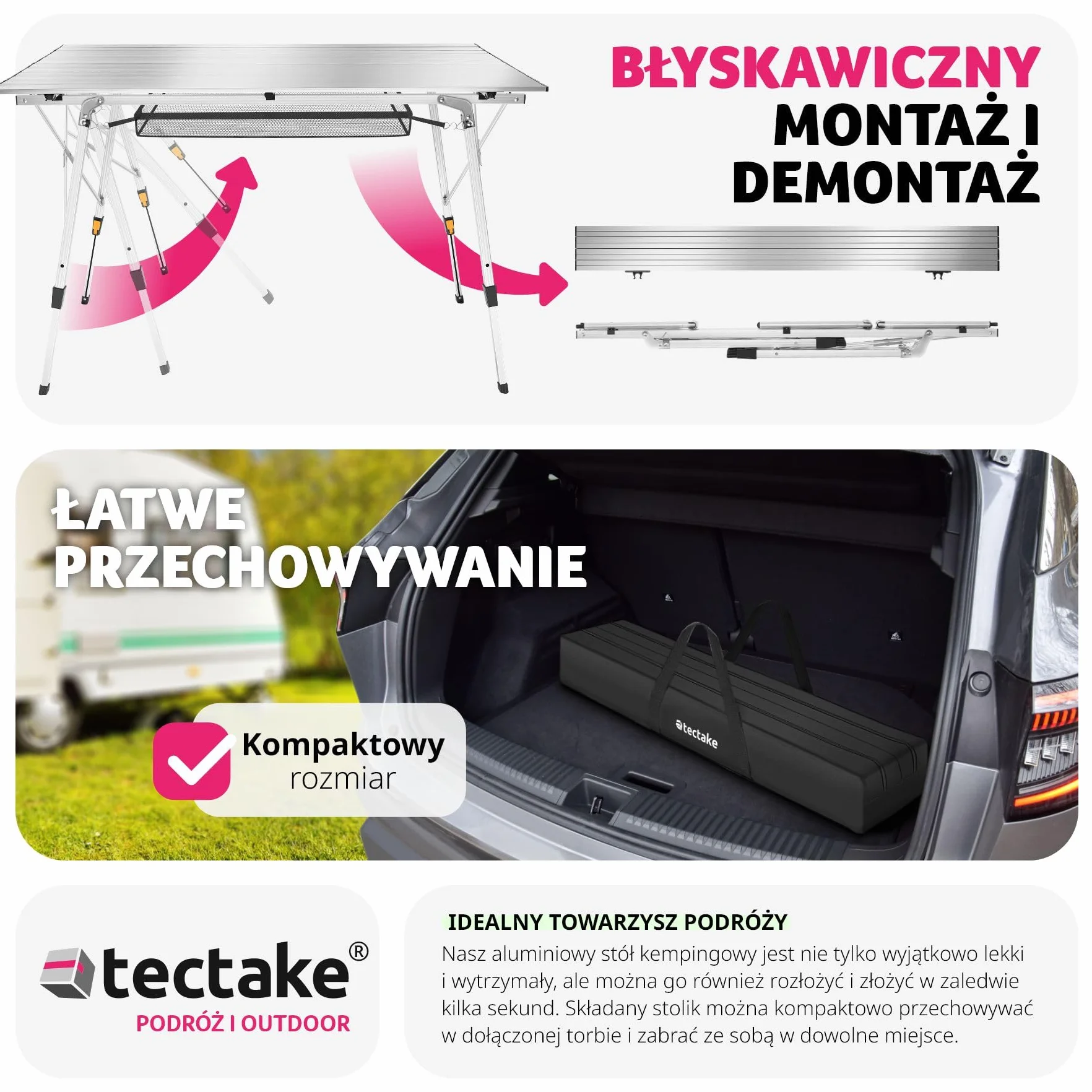 tectake® Składany Stół Kempingowy, Zwijany Blat XXL, Aluminiowa Konstrukcja, Regulacja Wysokości, Lekki, Odporny Na Pogodę, Siatkowa Półka, Torba Transportowa, Doskonały na Piknik (Szary)
