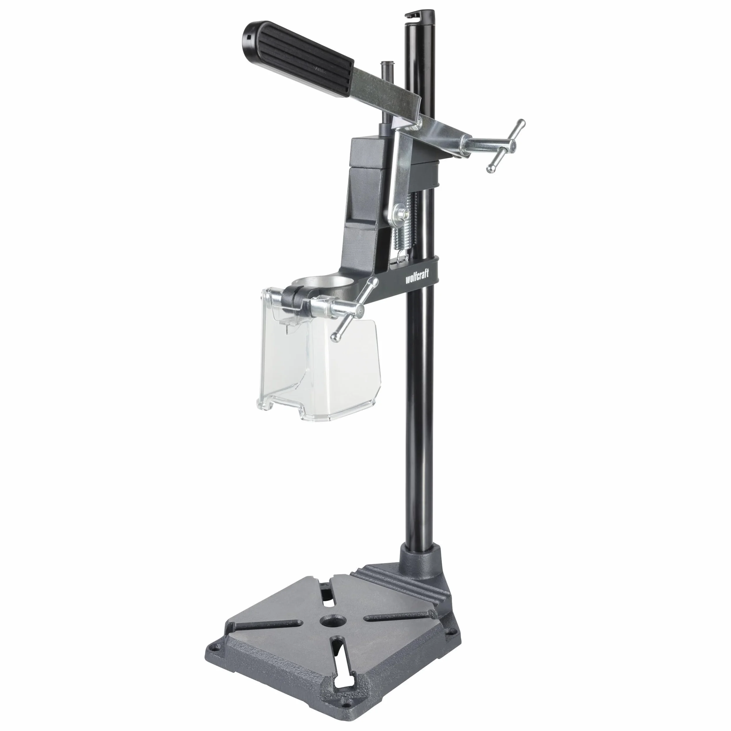 wolfcraft Stojak wiertarski SOLID – kompaktowe rozwiązanie do wiercenia o ograniczonej głębokości – wysięg 112 mm i skok 55 mm – 5028000