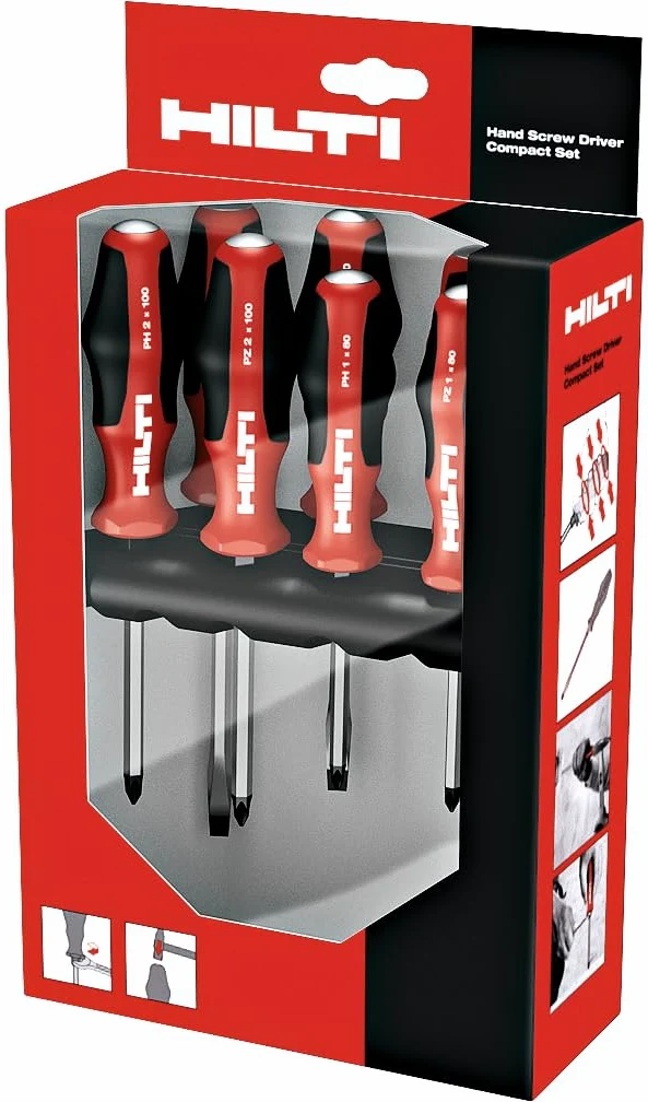 Hilti 2039207 S-SD-S COMP 7-częściowy zestaw wkrętaków ręcznych (wkrętarka ręczna, z końcówką Black Point i ramą do montażu na ścianie, wkładka sześciokątna)